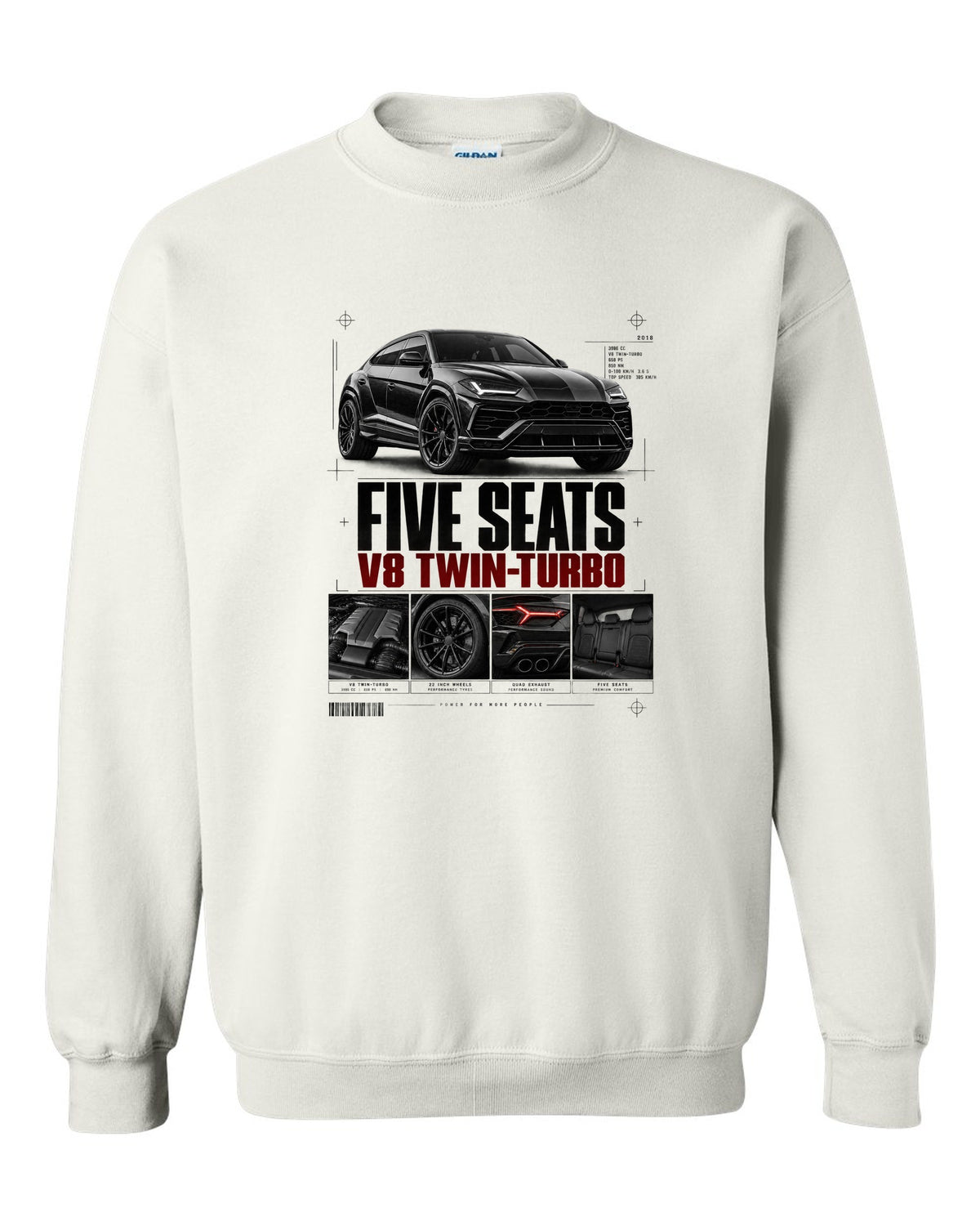 Lamborghini Urus 2018 dossier panel print: five seats, V8 twin-turbo white crewneck front view with the design
