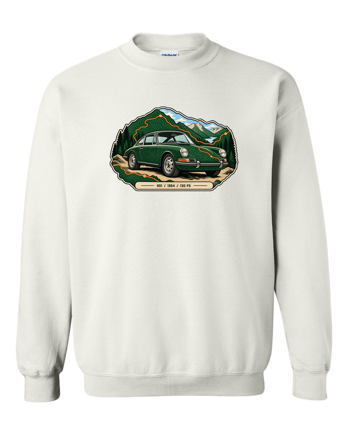 Porsche 993 RS engine bay data plate spec sheet design with 3.8 and 300 PS text white crewneck front view with the design