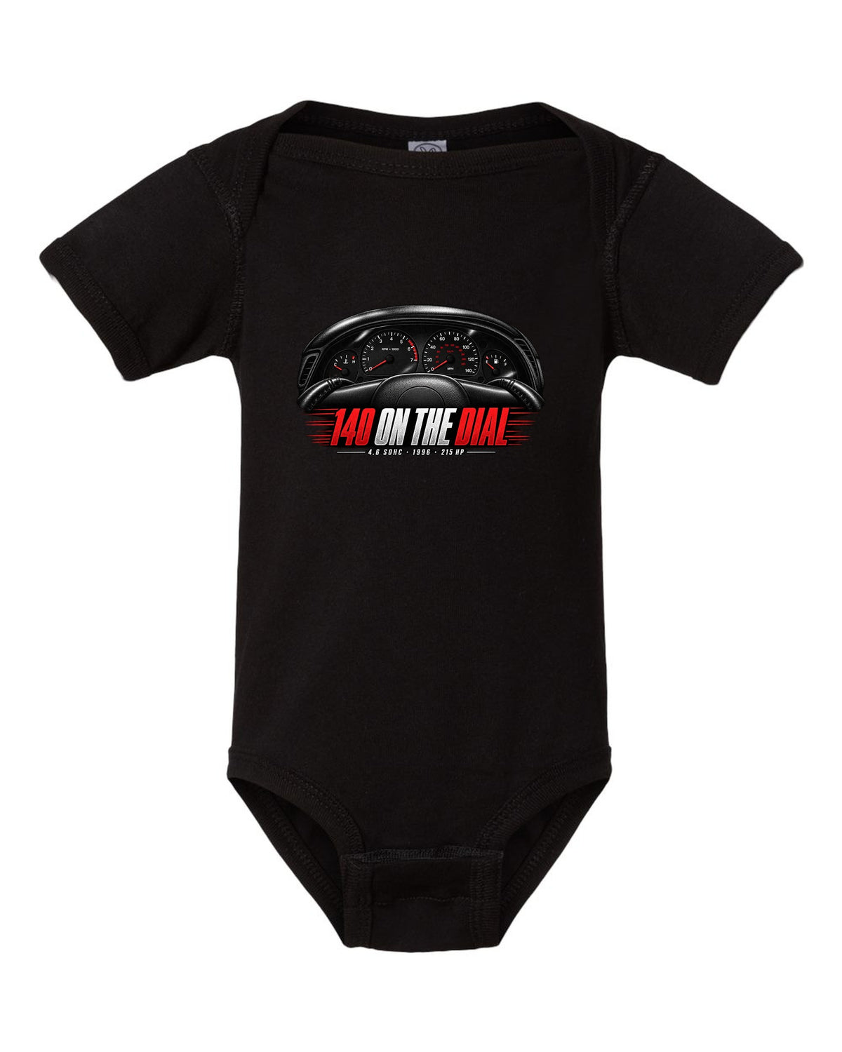 print of an SN95 Ford Mustang GT gauge cluster with 140 on the dial black baby onesie front view with the design