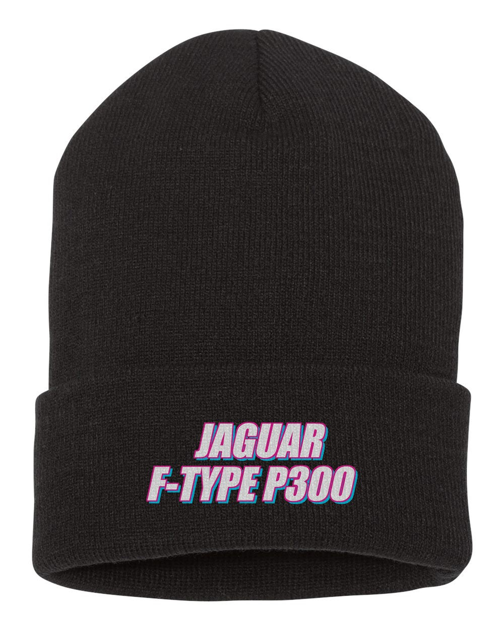 Jaguar F-Type P300 black beanie front view with car name