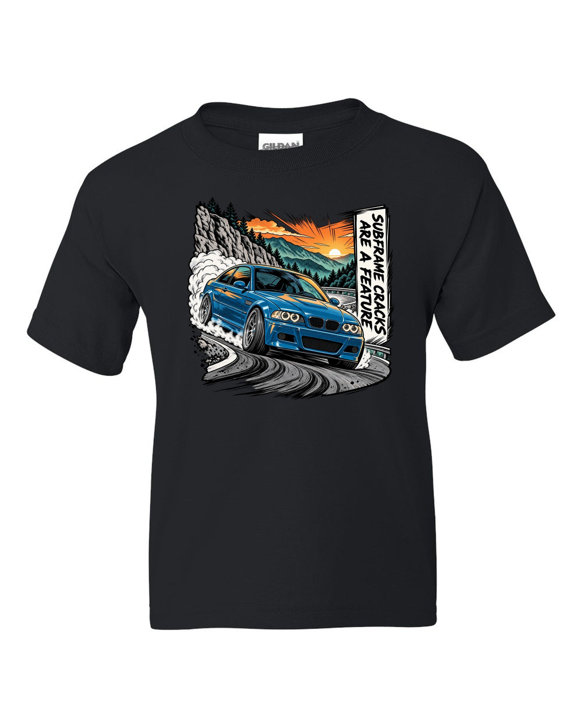 Retro manga halftone panel illustration of a BMW E46 M3 coupe on a mountain pass black kids tee front view with the design