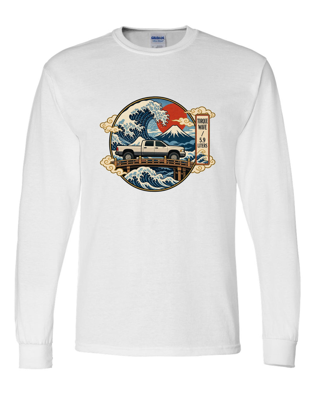 Ukiyo-e woodblock style print of a 2003-2009 Dodge Ram 2500 Cummins with torque wave 5.9 liters text white long sleeve front view with the design