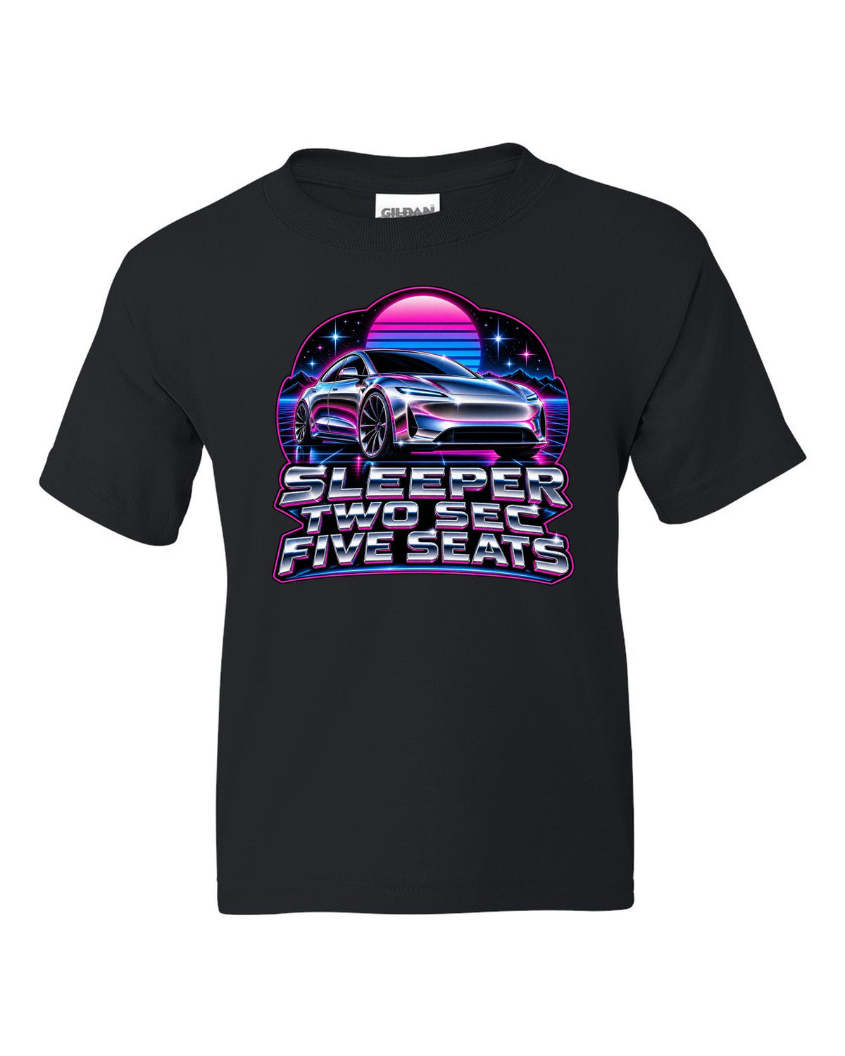 80s chrome airbrush art of a 2021 Tesla Model S Plaid with the words Sleeper Two Sec Five Seats black kids tee front view with the design