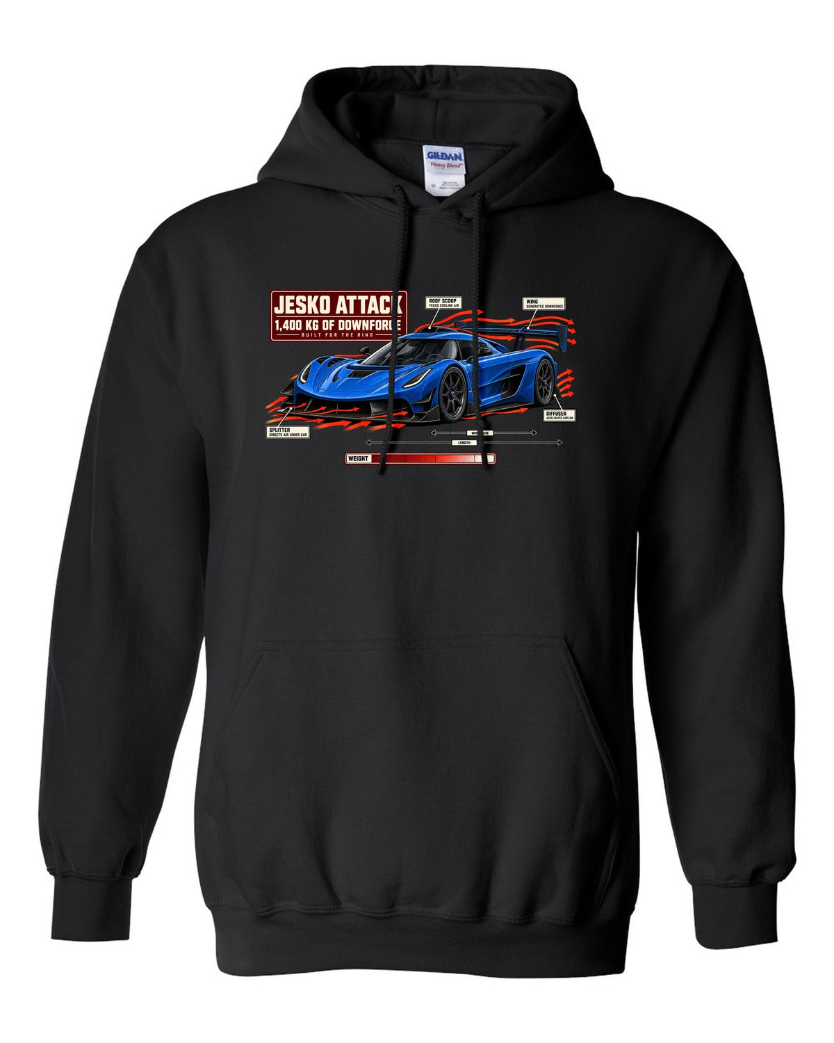 Aero callout diagram of the Koenigsegg Jesko Attack with rear wing and splitter, print black pull over hoodie front view with the design