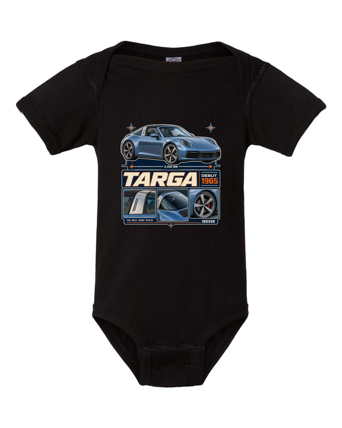 Dossier panel print of a Porsche 911 Targa 4S 992 with roll hoop black baby onesie front view with the design