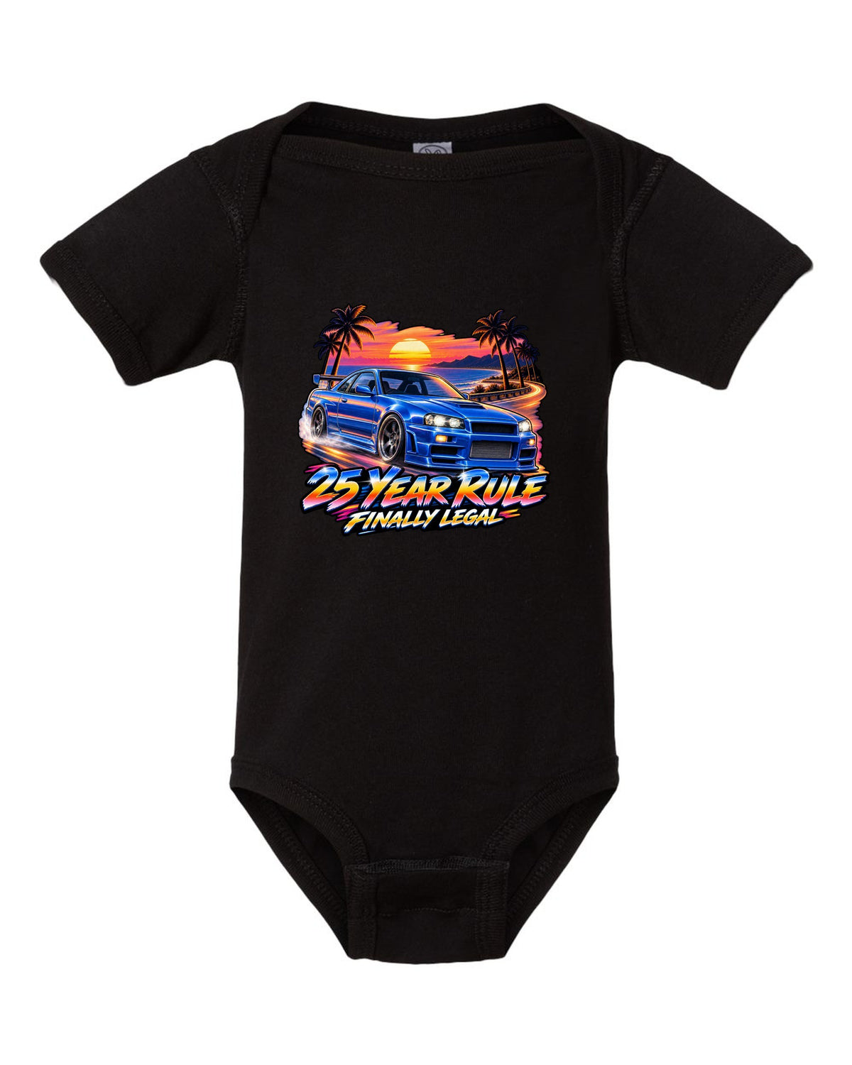 Retro airbrush sunset poster print of a Nissan Skyline GT-R R34 BNR34 with 25 year rule text black baby onesie front view with the design