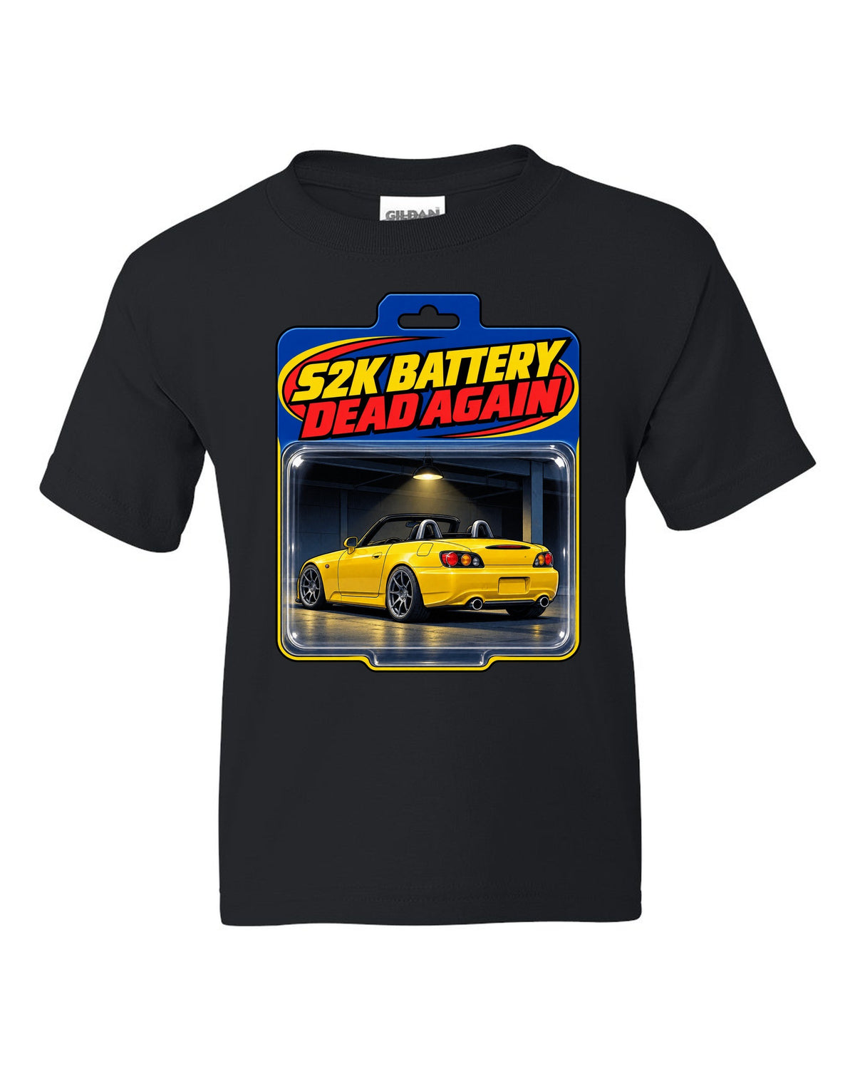 Toy blister card print of a 2004 Honda S2000 AP2 roadster with S2K battery dead again text black kids tee front view with the design