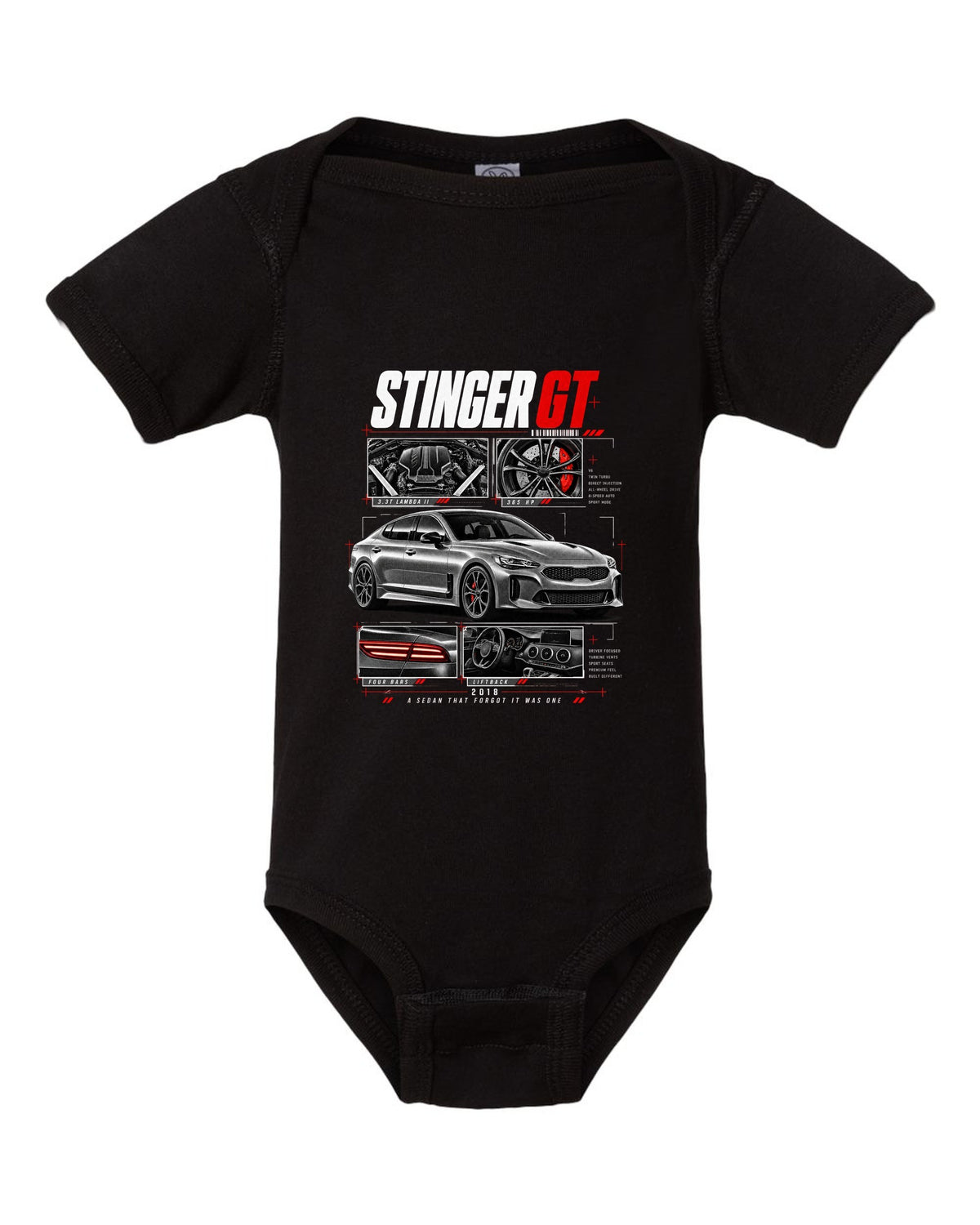 Kia Stinger GT dossier panels with 3.3T engine and liftback details black baby onesie front view with the design