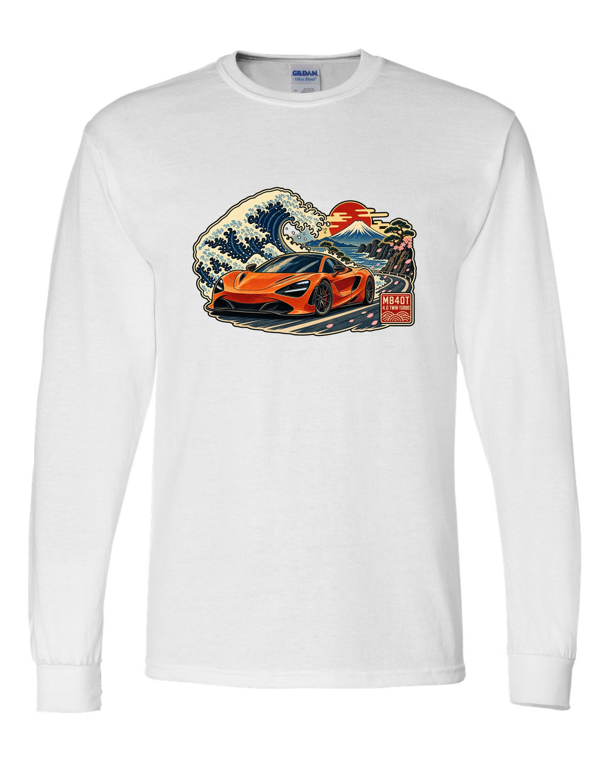Ukiyo-e woodblock wave print of a McLaren 720S with M840T and 4.0 Twin-Turbo lettering white long sleeve front view with the design