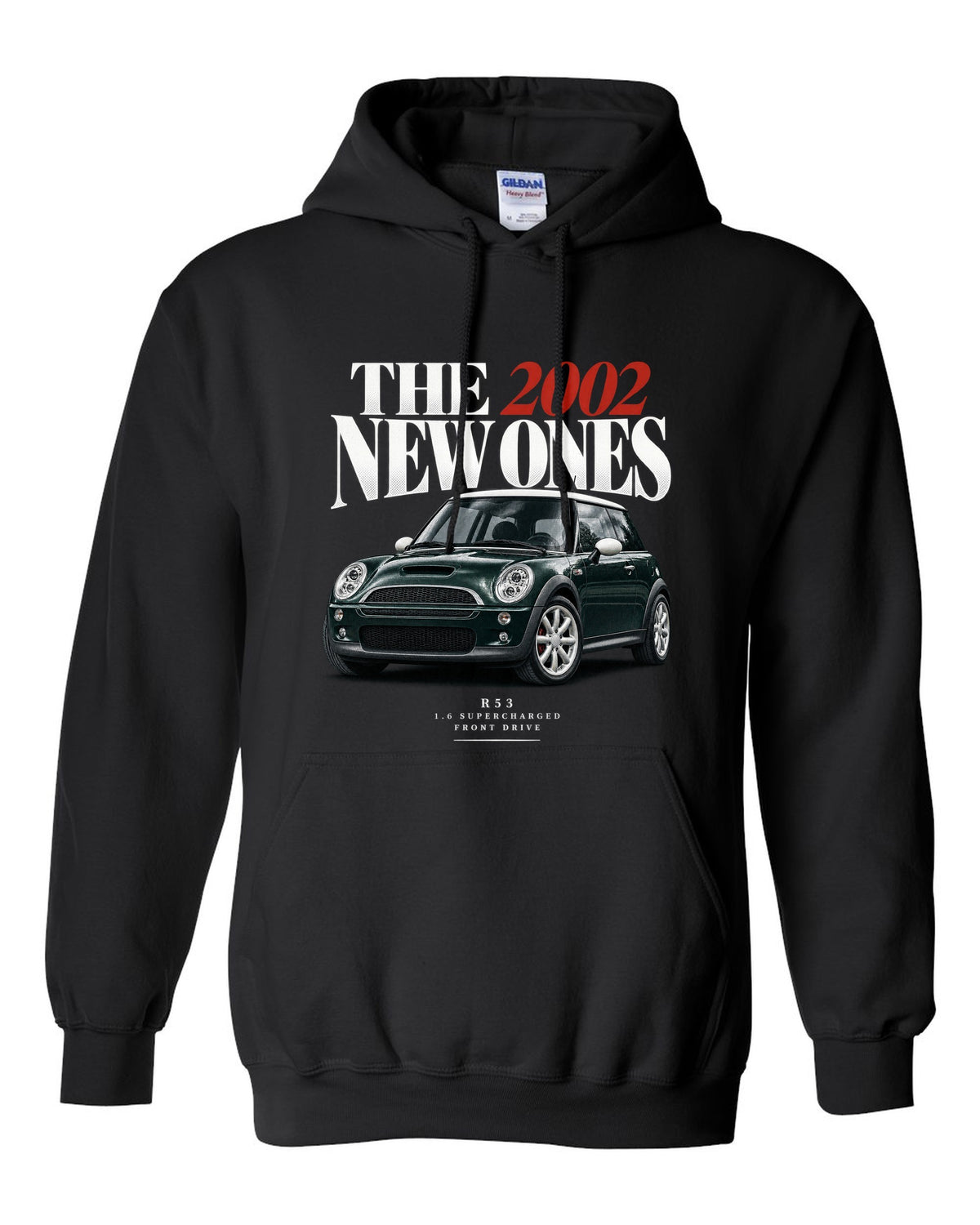 Mini Cooper S R53 dark green with white roof editorial headline print black pull over hoodie front view with the design