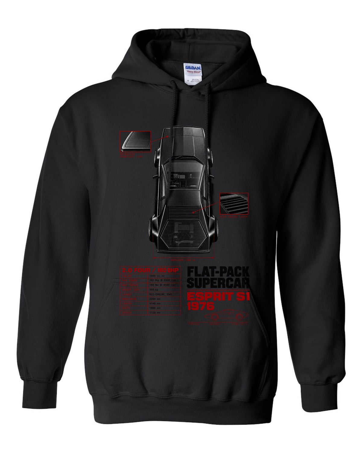 Lotus Esprit S1 top-down spec poster with 2.0 four and 160 bhp black pull over hoodie front view with the design