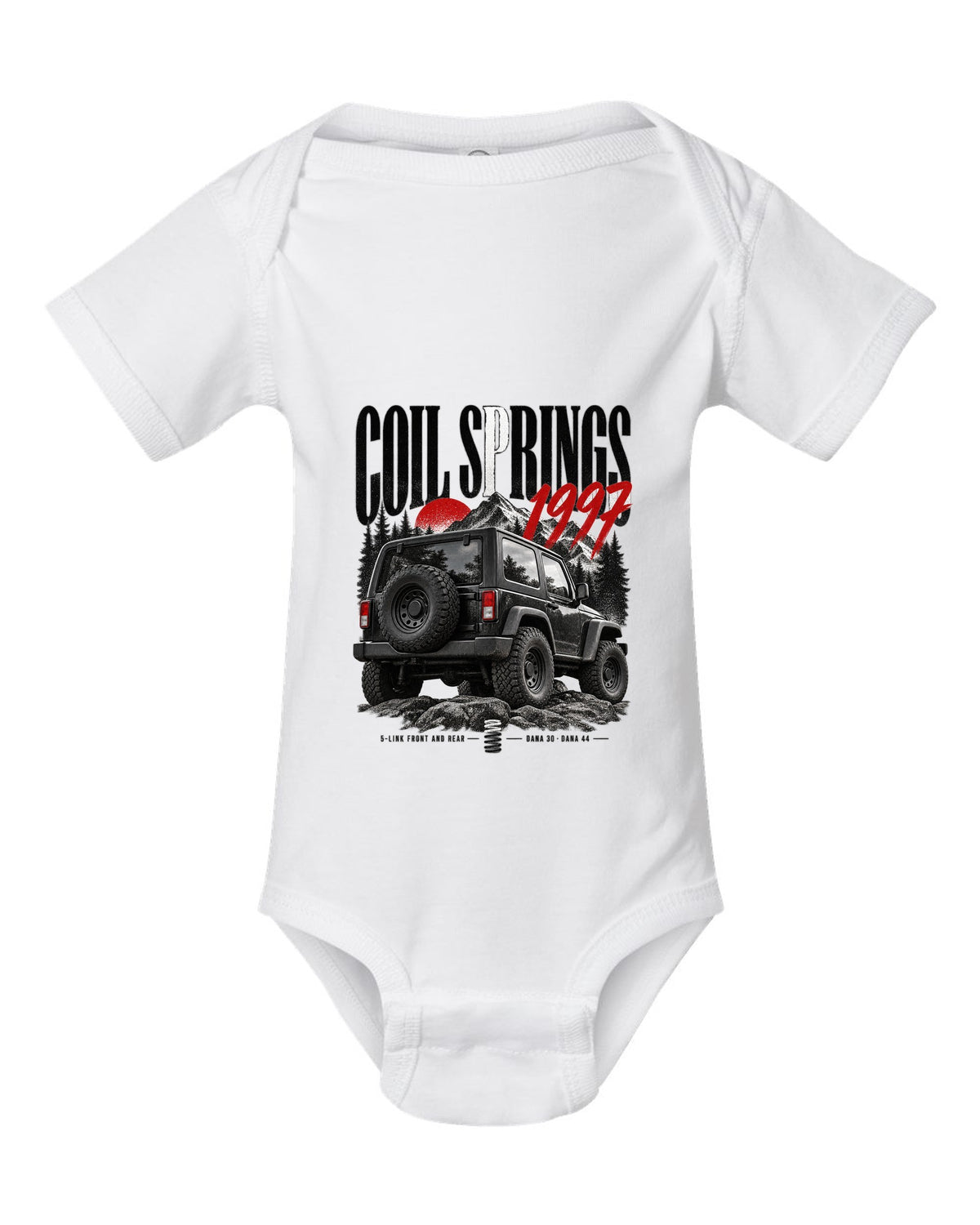 Editorial print for the Jeep Wrangler TJ, coil springs 5-link Dana 30 and Dana 44 white baby onesie front view with the design