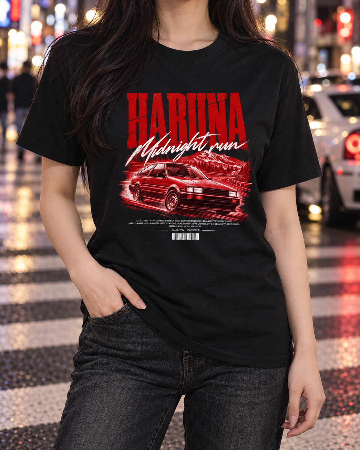 Toyota Corolla Levin AE86 Haruna Midnight Run Poster Tee T-Shirt Black worn hero