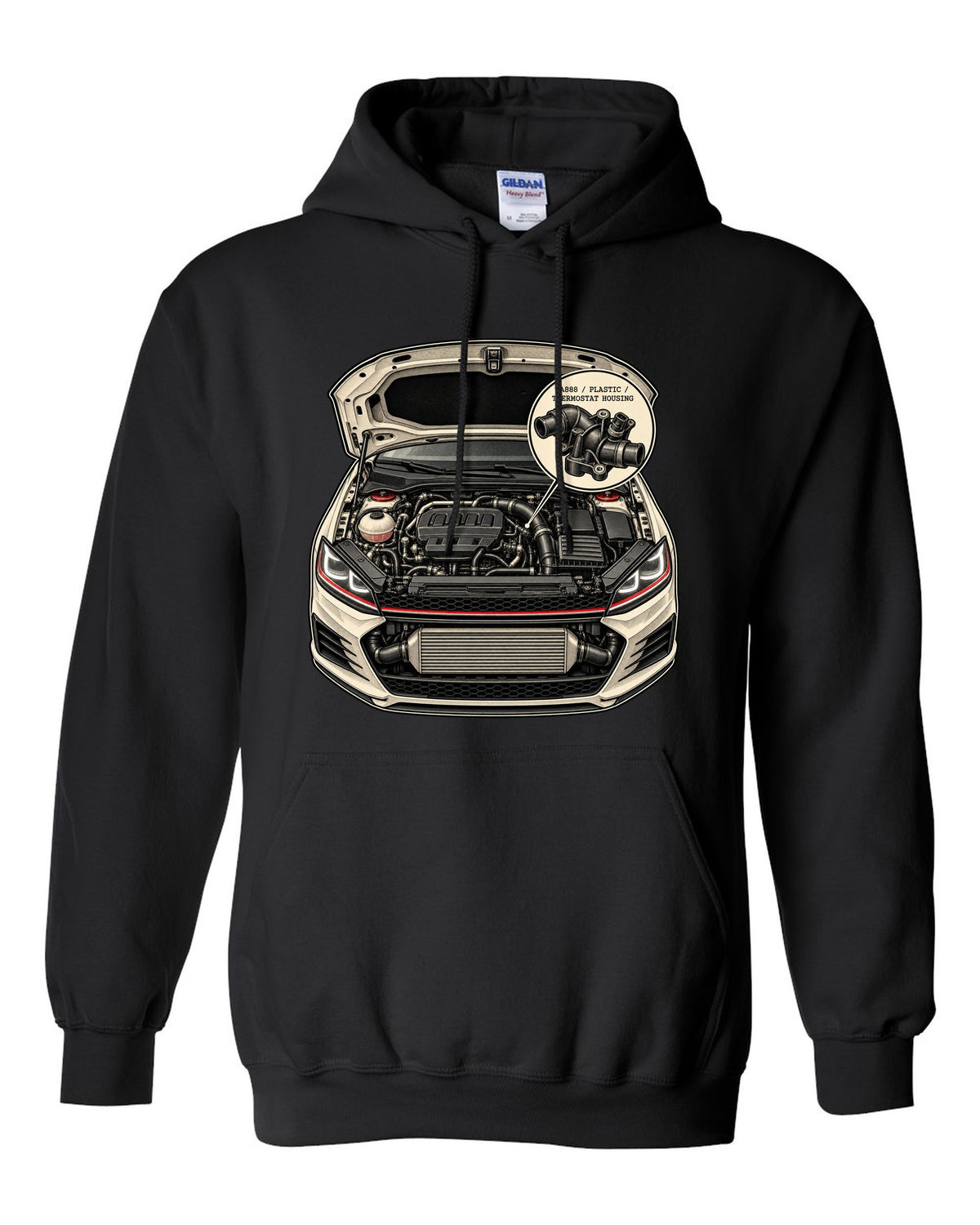 Patent line art of a VW Golf Mk7 GTI engine bay labelled EA888 plastic thermostat housing black pull over hoodie front view with the design