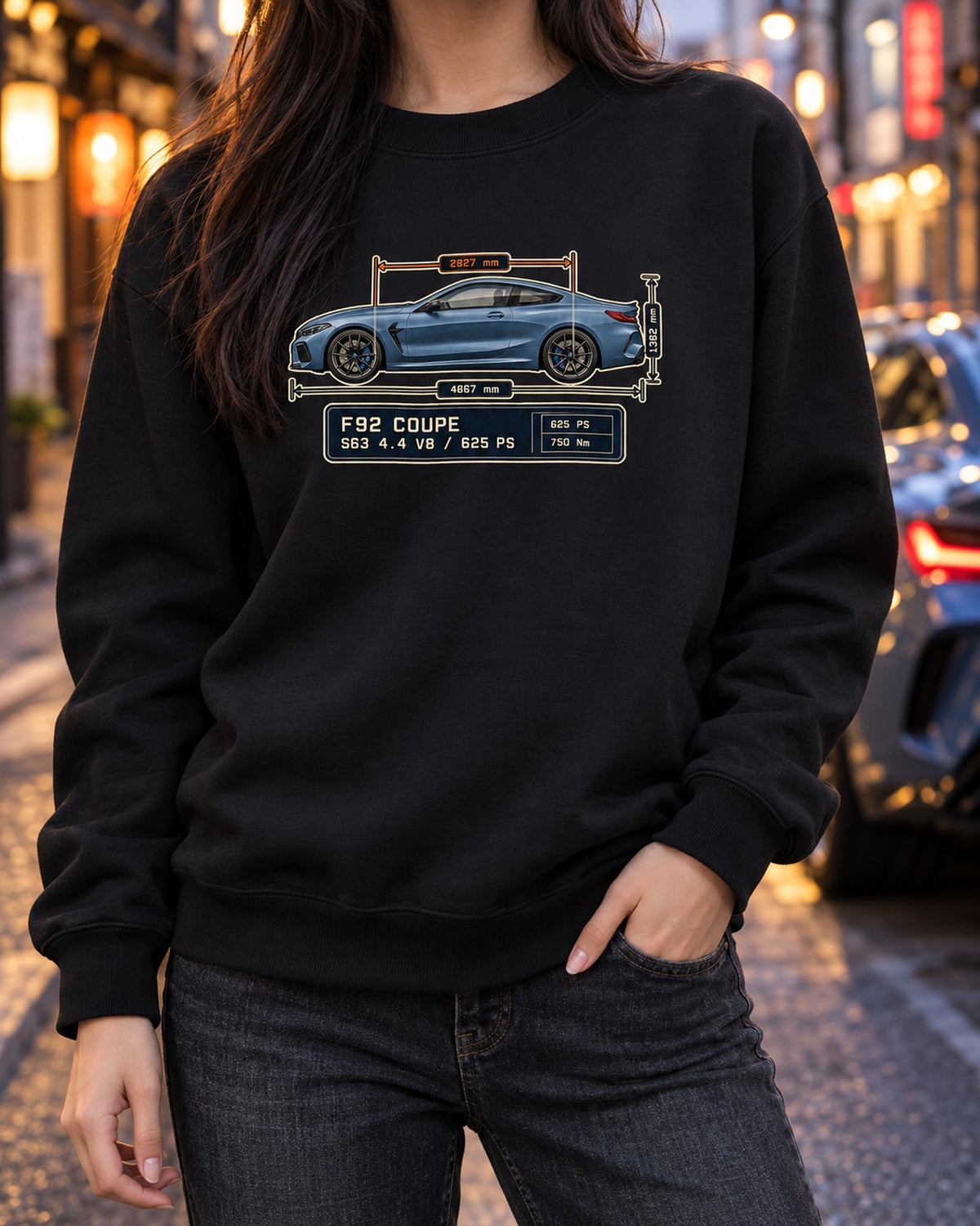 BMW M8 Competition Coupe F92 Dimension Blueprint Shirt Crewneck Black worn hero