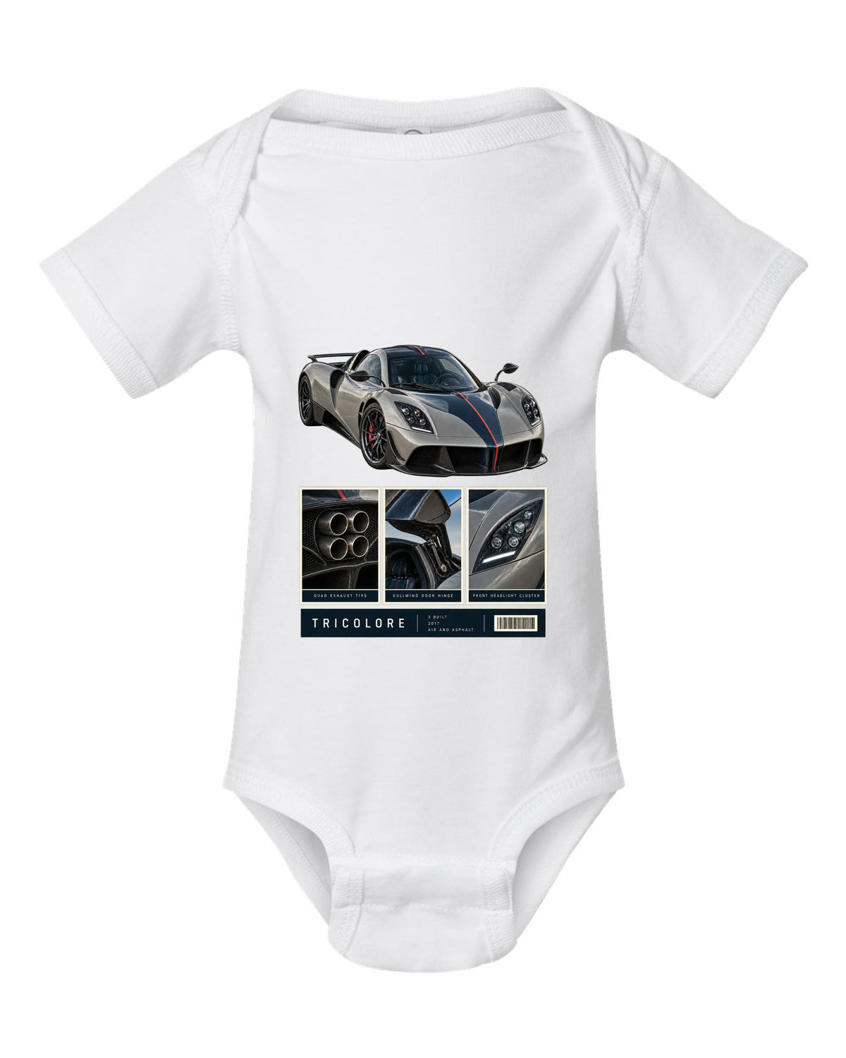 Dossier panel print of the Pagani Huayra Tricolore with the text Tricolore, 3 built, 2017, air and asphalt white baby onesie front view with the design