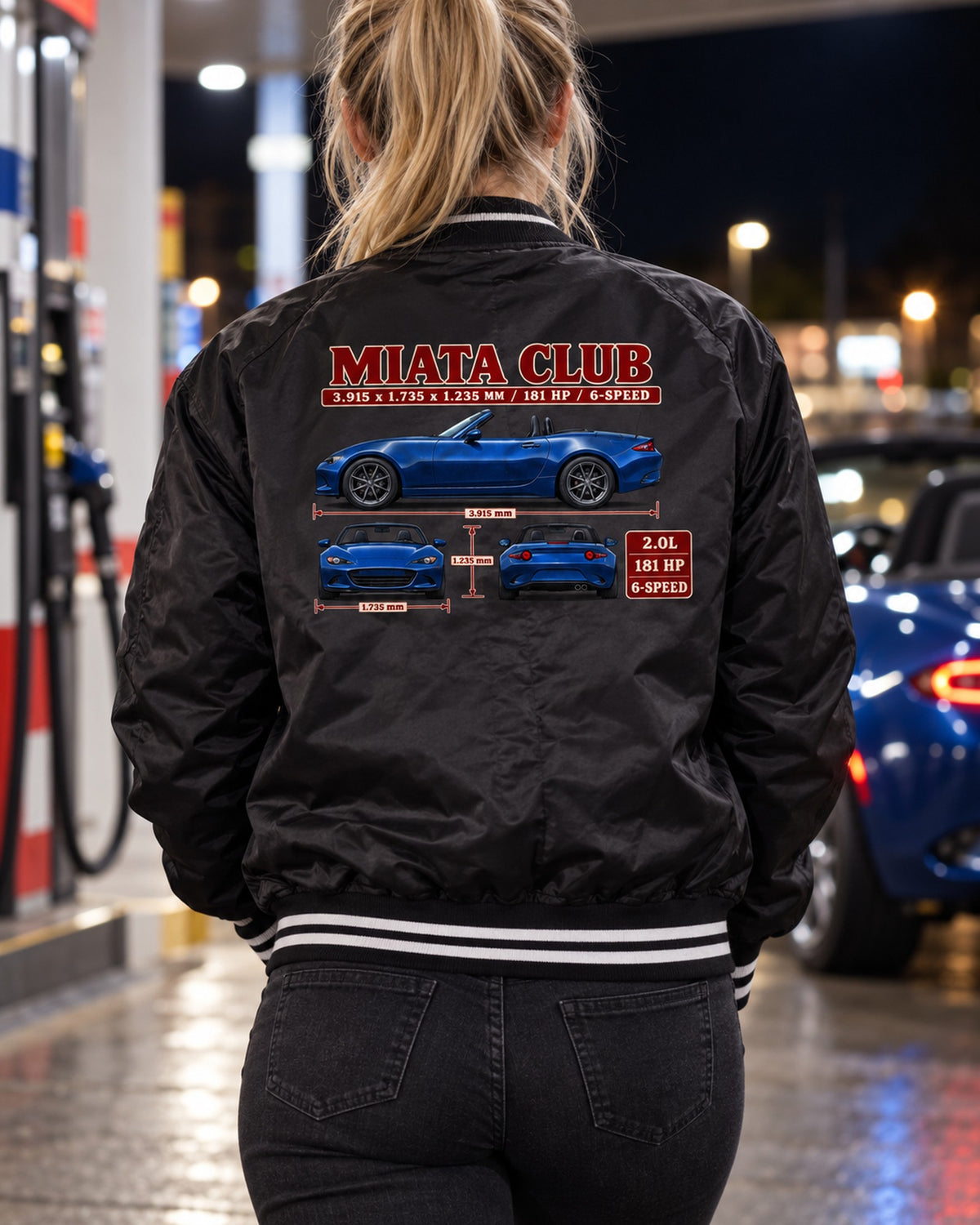 Mazda MX-5 ND Club Three-View Spec Shirt, Miata Car Gift Bomber Jacket Black worn hero