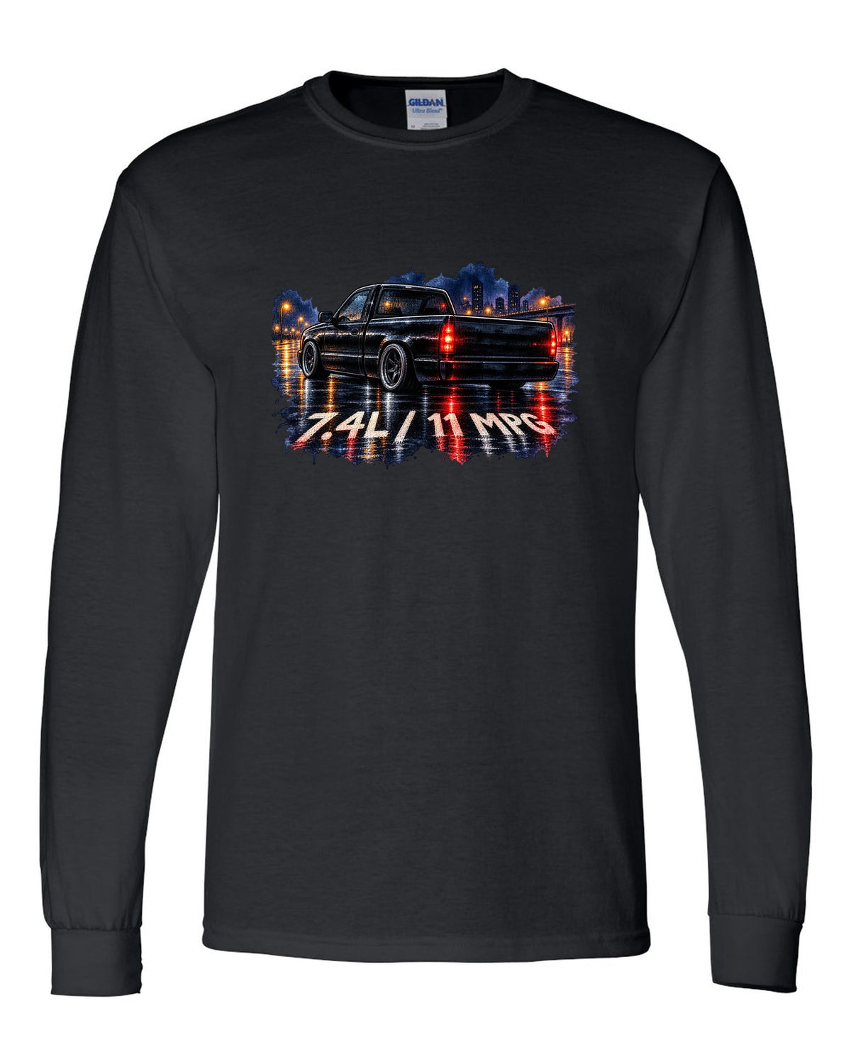 80s airbrush chrome print of a 1990-93 Chevrolet 454 SS pickup with 7.4L and 11 MPG text black long sleeve front view with the design