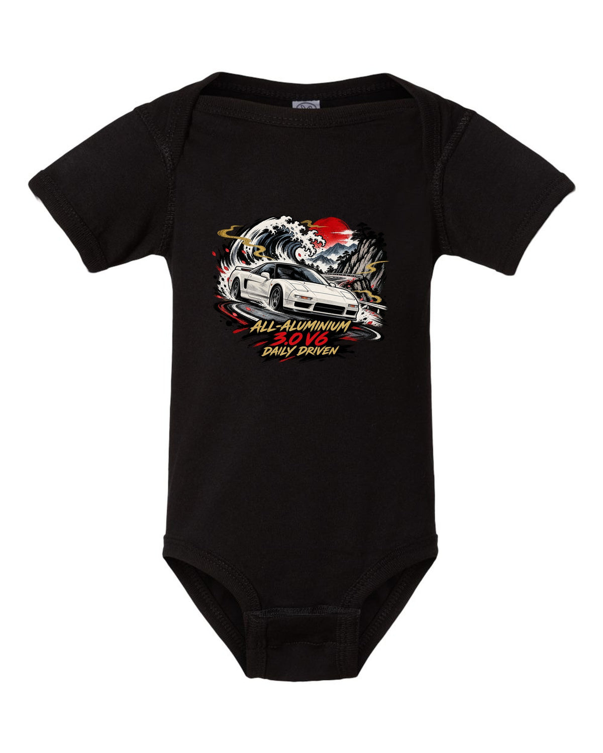 Sumi-e ink wave style print of a Honda NSX NA1 with all-aluminium 3.0 V6 daily driven text black baby onesie front view with the design