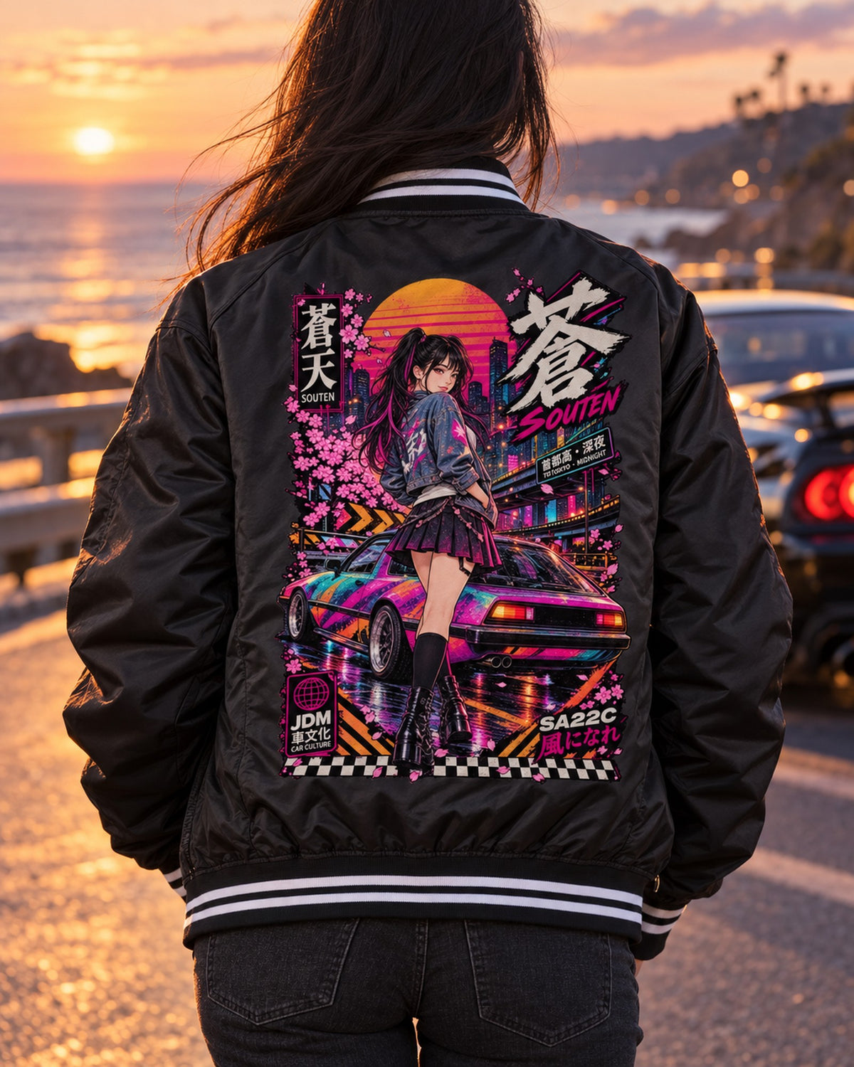 SOUTEN SA22C Anime Girl Full-Back Graphic Tee Bomber Jacket Black worn hero