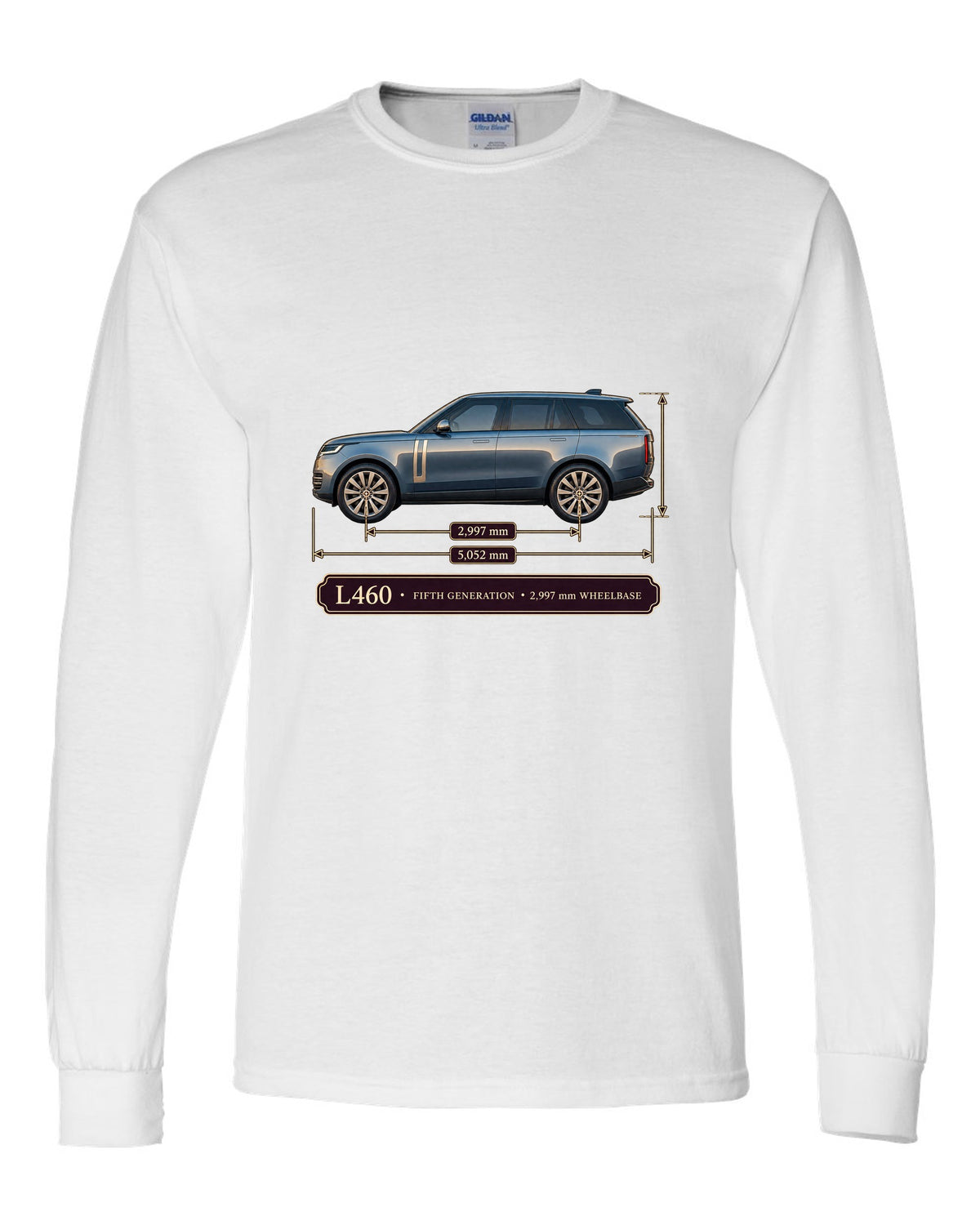 Dimension blueprint print of the Range Rover L460 fifth generation with wheelbase white long sleeve front view with the design