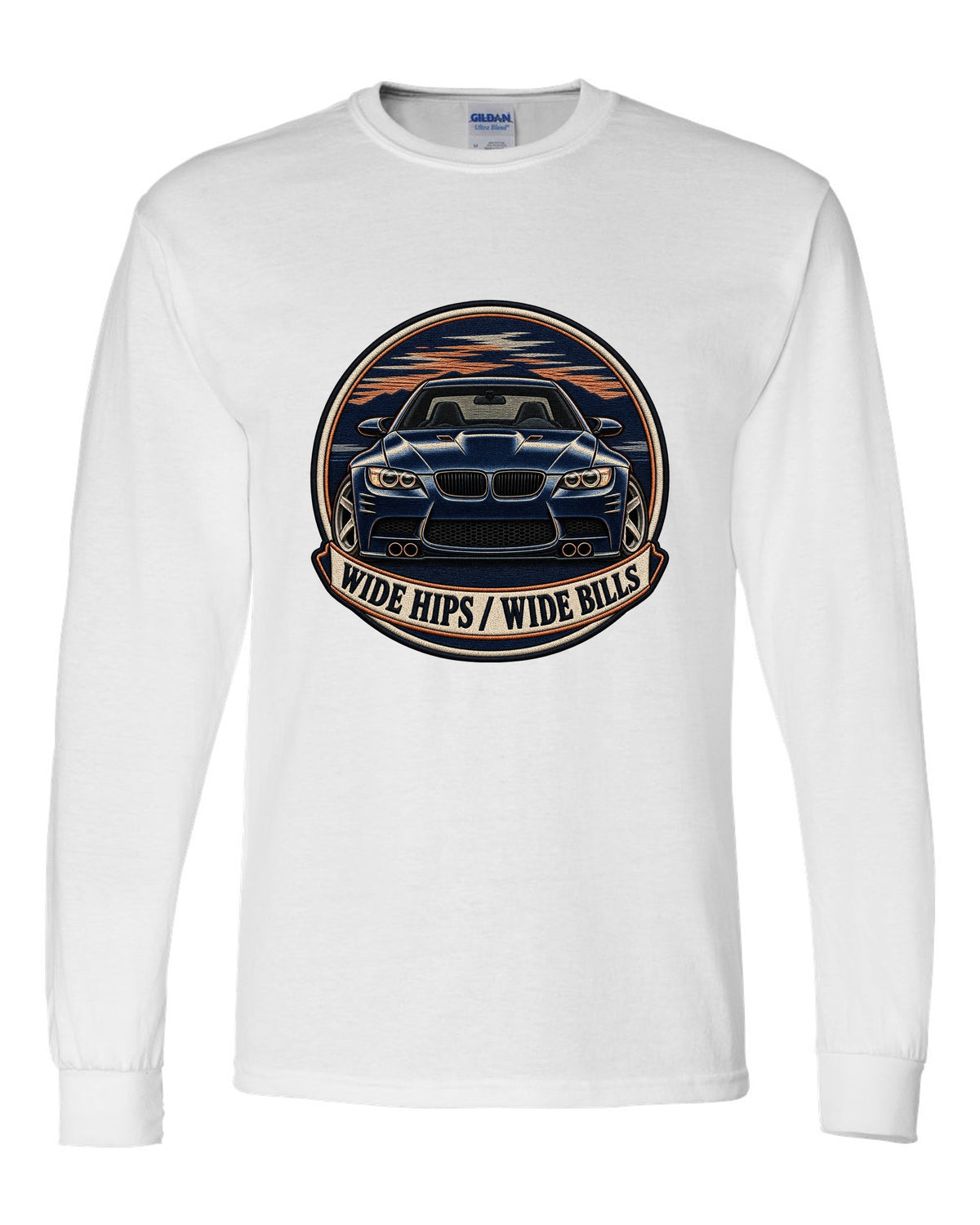 Varsity crest style print of a BMW E92 M3 coupe with wide hips wide bills text white long sleeve front view with the design