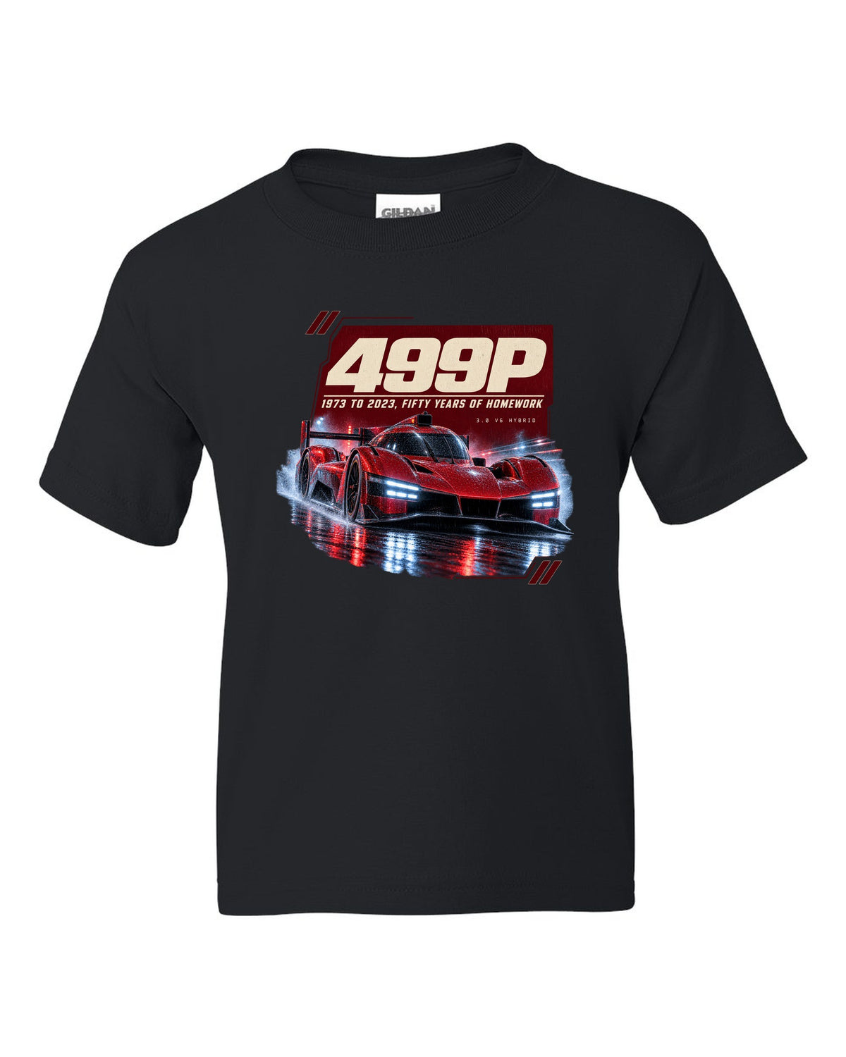 Ferrari 499P on a rainy night street print, 1973 to 2023 black kids tee front view with the design