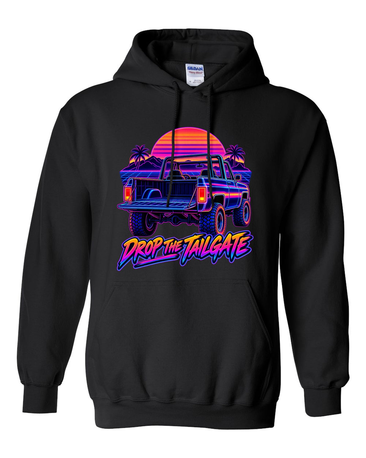 Neon synthwave line art of a 1973-1991 Chevrolet K5 Blazer tailgate with DROP THE TAILGATE text black pull over hoodie front view with the design