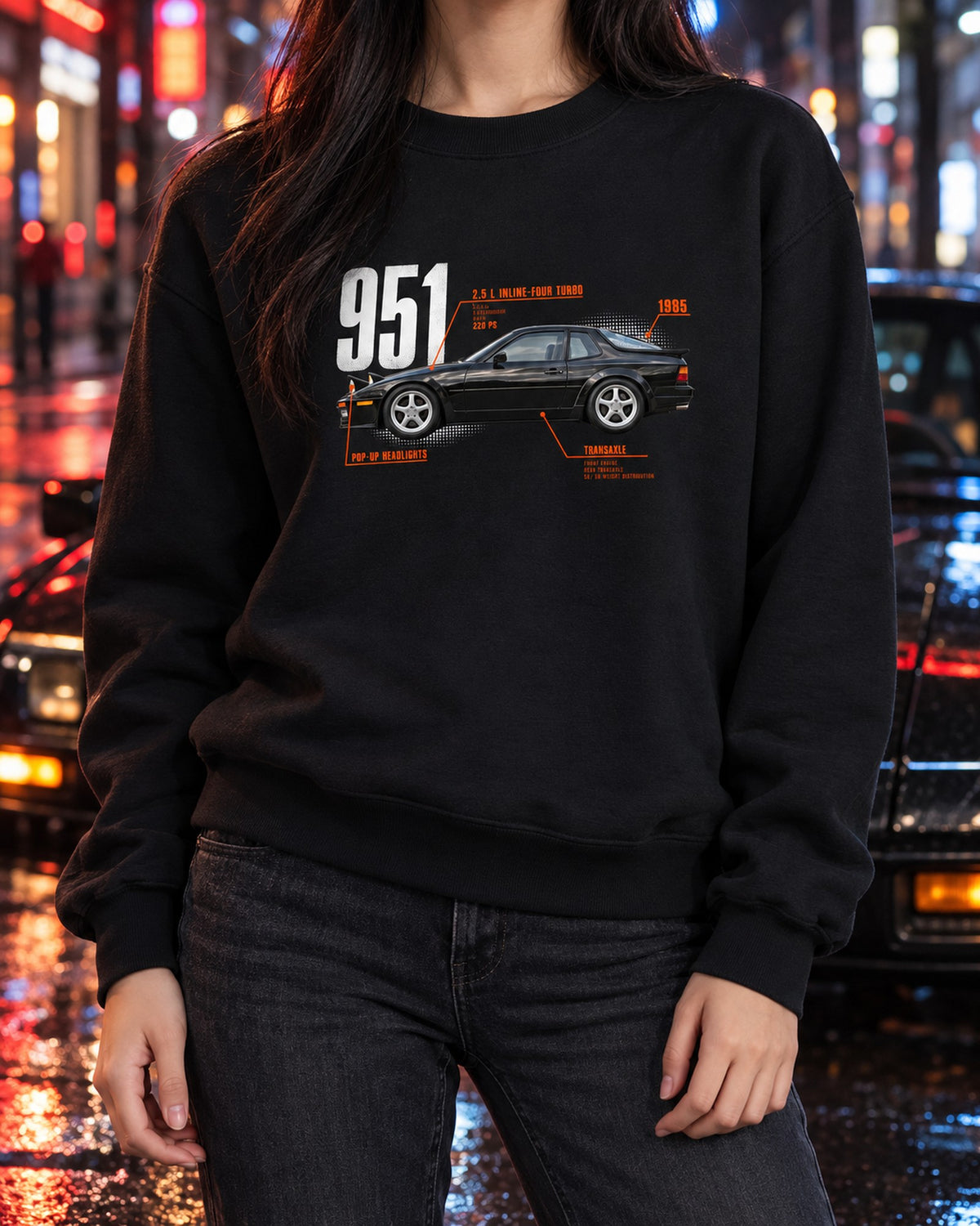 Porsche 944 Turbo 951 Spec Poster Shirt, Pop-Up Lights Crewneck Black worn hero
