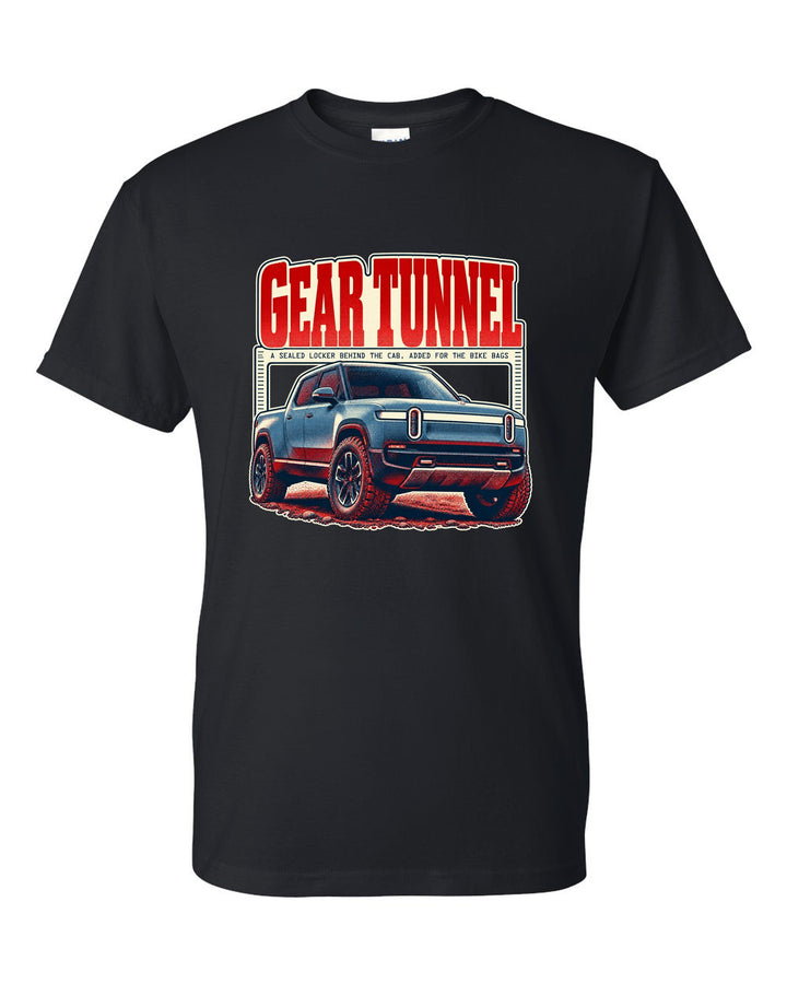 Halftone print of a Rivian R1T in front three-quarter view with gear tunnel text black t-shirt front view with the design