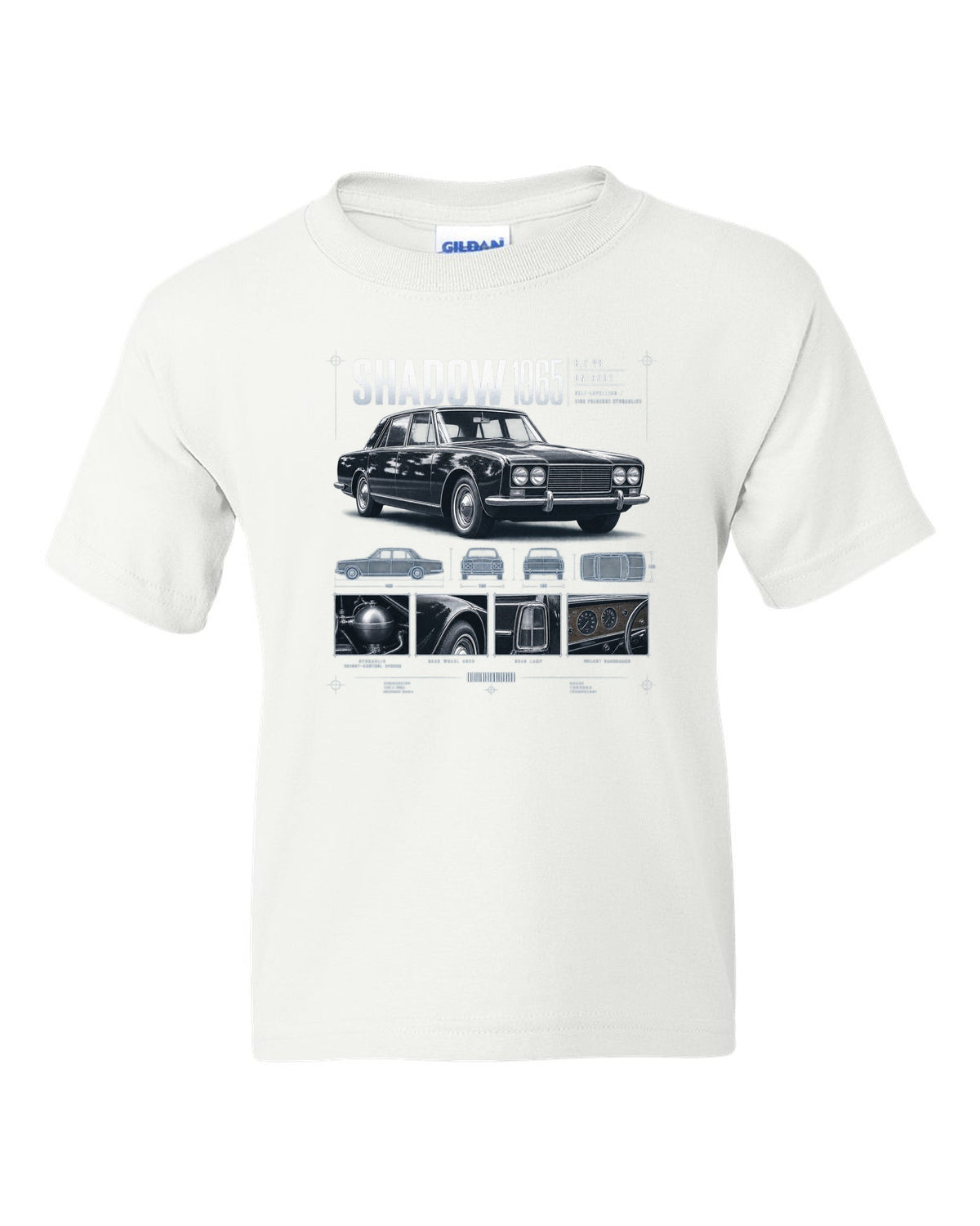 Rolls-Royce Silver Shadow 1965 dossier panels about hydraulics white kids tee front view with the design