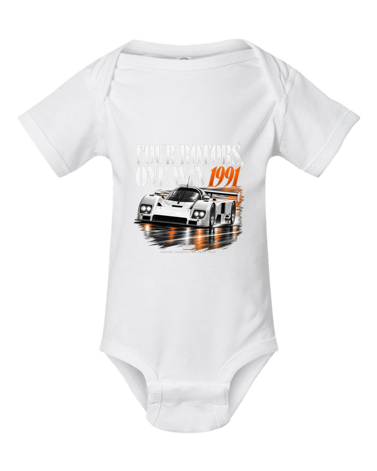 Mazda 787B four rotors editorial headline print, 1991 R26B white baby onesie front view with the design