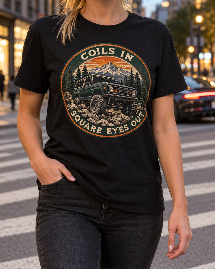Jeep Wrangler TJ Coils In Square Eyes Out Crest Tee, Jeep Gift T-Shirt Black worn hero