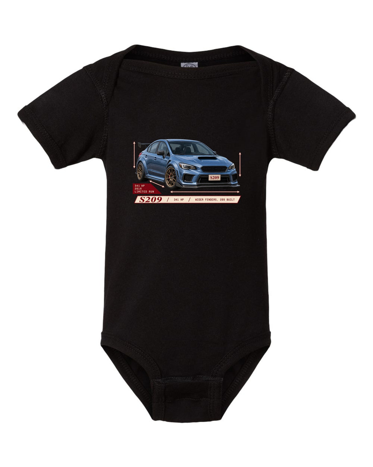 Subaru WRX STI S209 2019 widebody archive panel design black baby onesie front view with the design