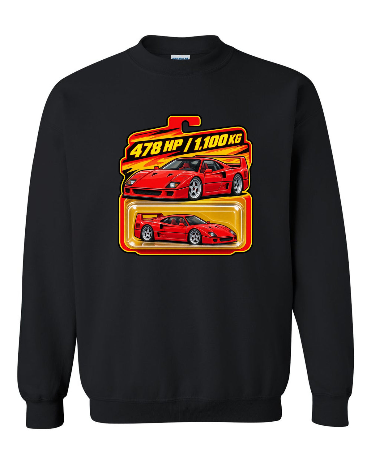 Toy blister-card print of a 1987 Ferrari F40 F120 with 478 HP and 1,100 KG text black crewneck front view with the design