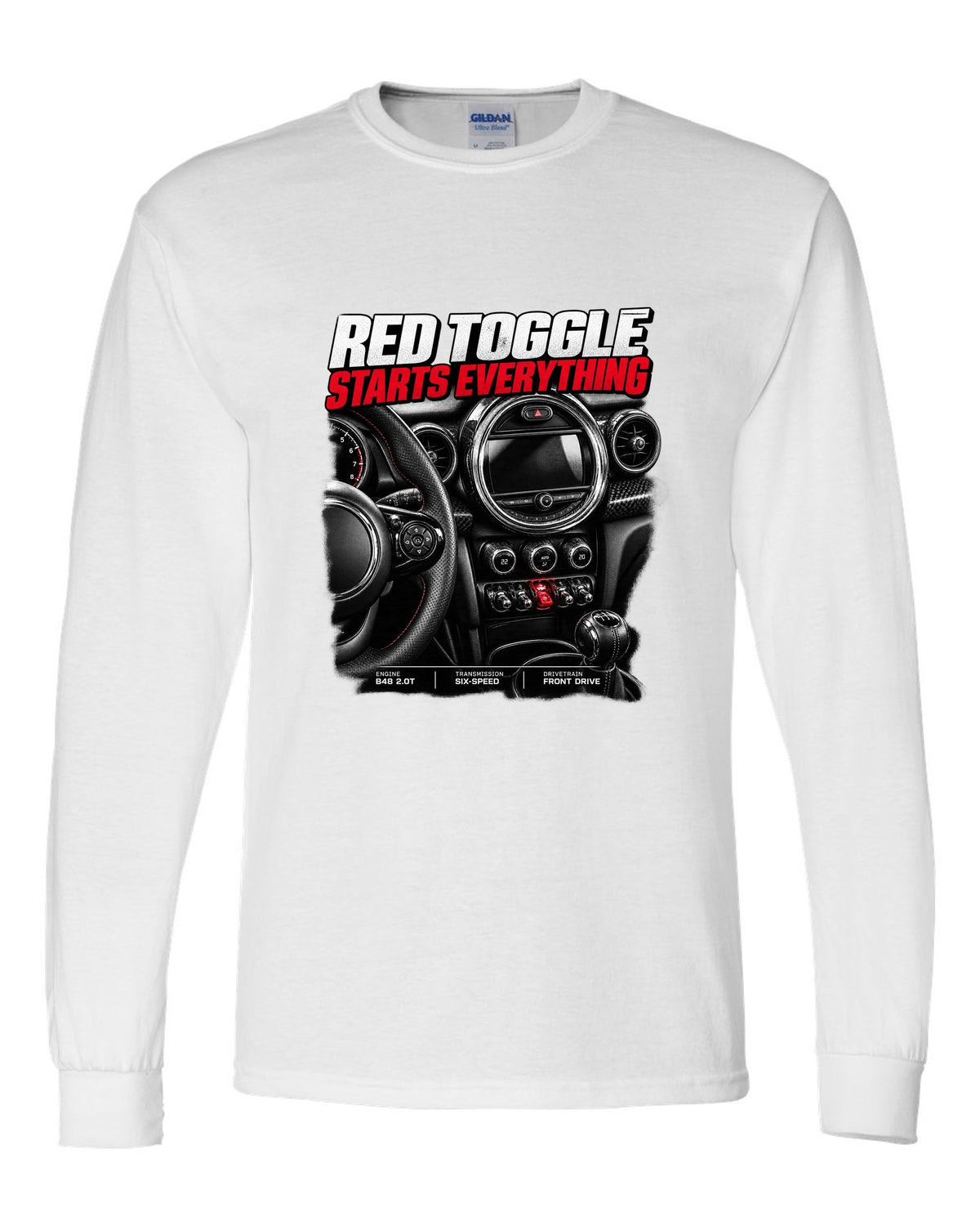 print of the Mini Cooper JCW F56 centre stack with the red toggle switch white long sleeve front view with the design