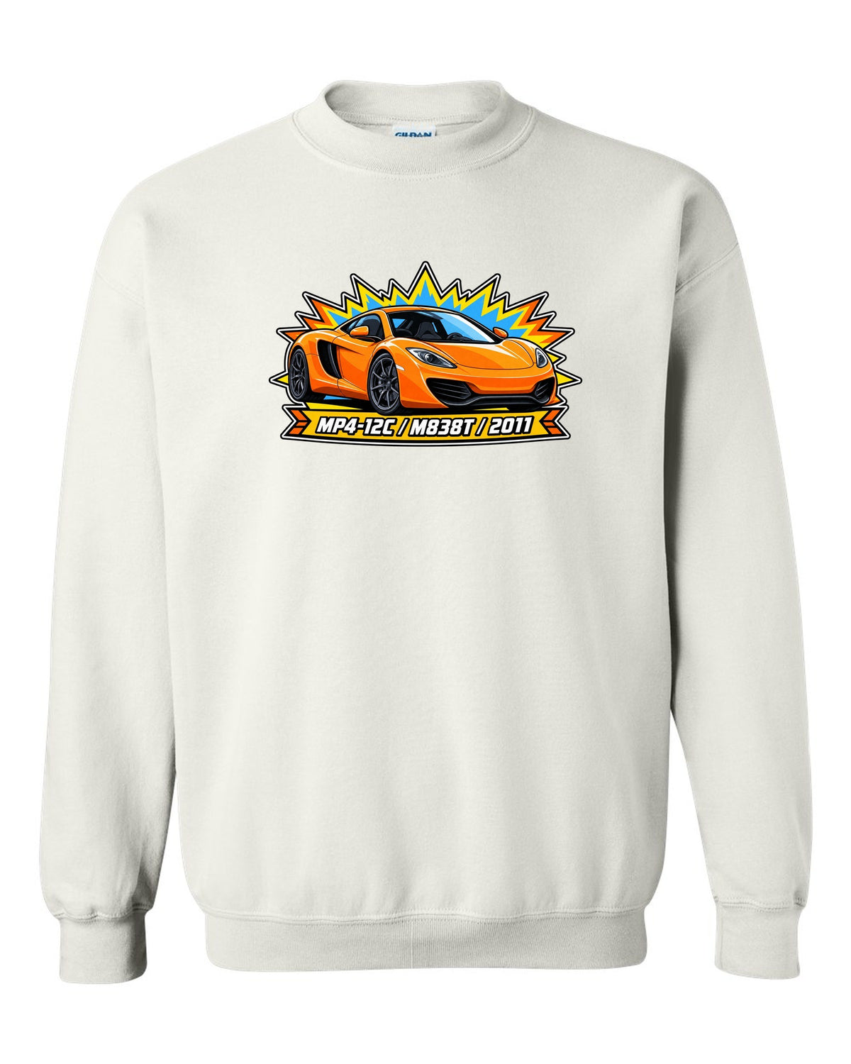Toy blister card print of a McLaren 12C with MP4-12C, M838T and 2011 lettering white crewneck front view with the design