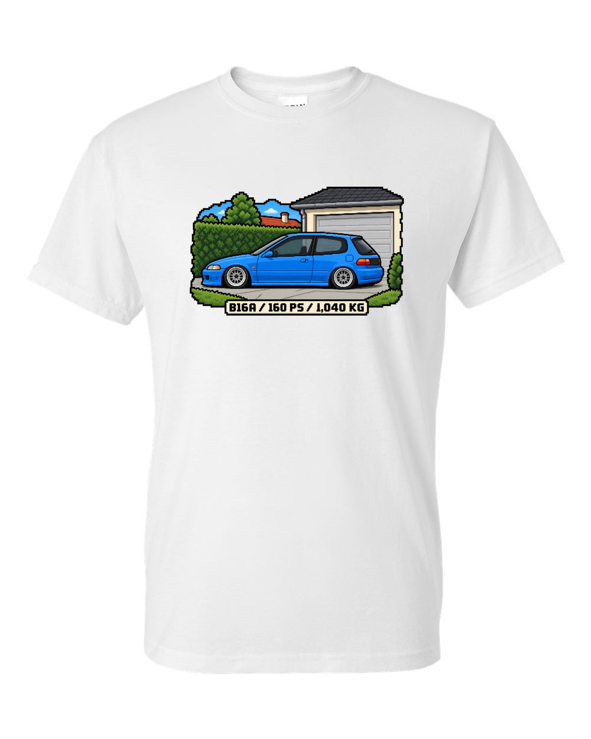 16-bit pixel art print of a 1992 Honda Civic EG6 ch with B16A and 160 PS text white t-shirt front view with the design