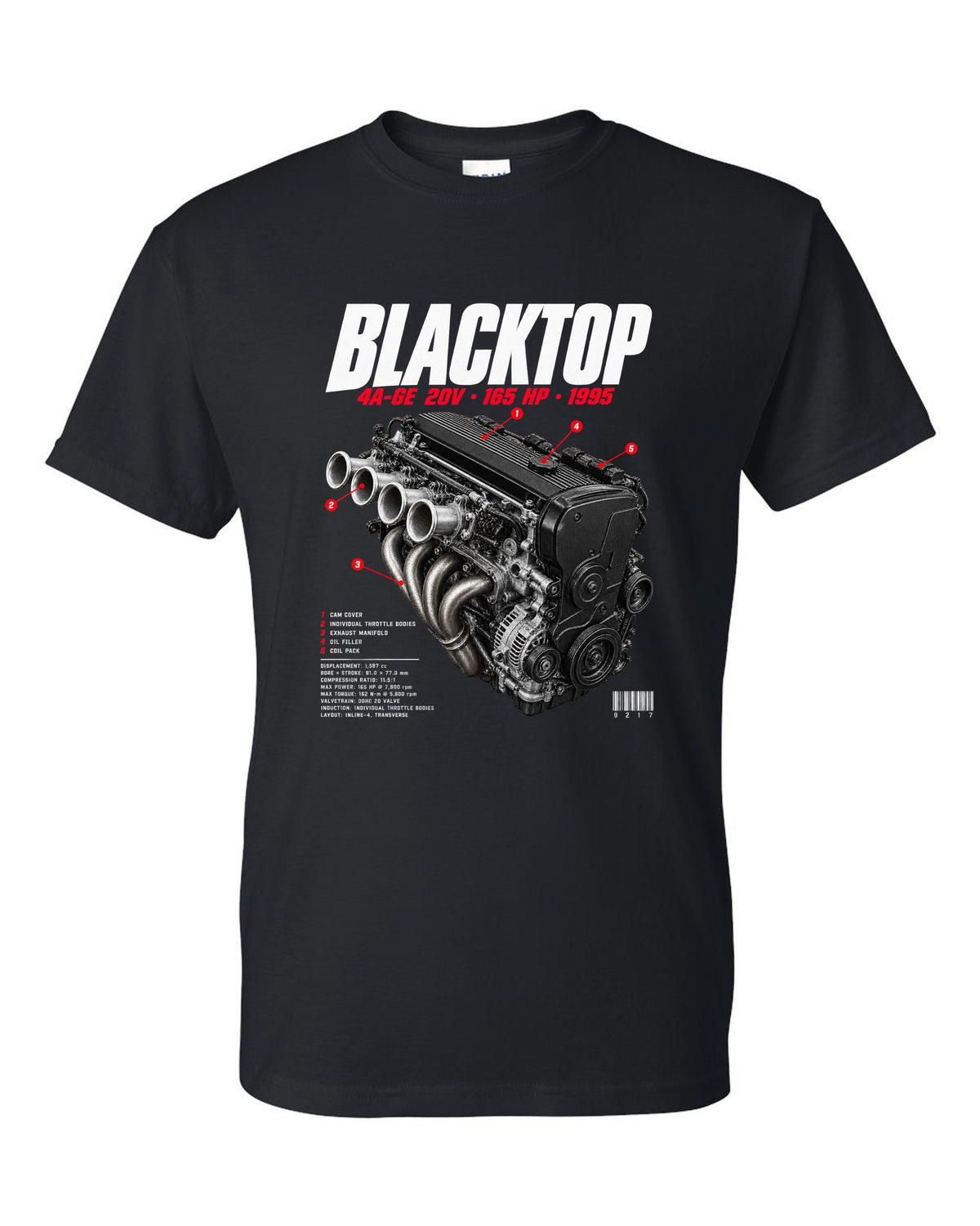 Engine bay hero print of the blacktop 4A-GE 20V in a Toyota Corolla Levin AE111 black t-shirt front view with the design