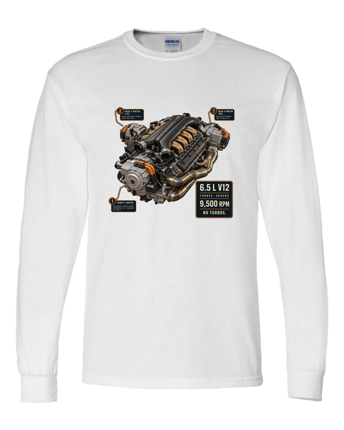 Engine hero print of the Lamborghini Revuelto L545 V12 white long sleeve front view with the design