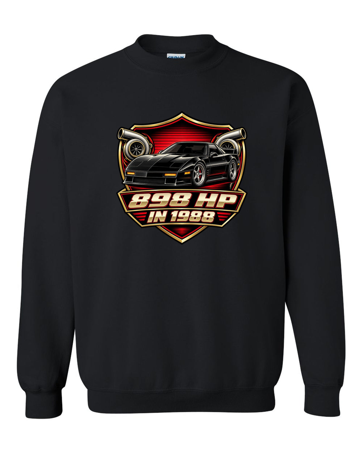 Badge crest design of a 2024 C8 hybrid AWD Corvette with 898 hp lettering black crewneck front view with the design
