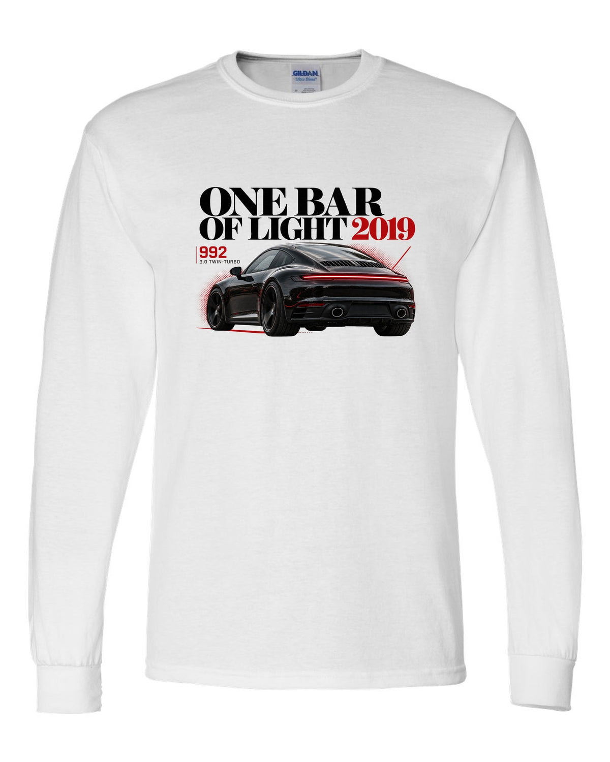 Editorial headline print of a Porsche 911 Carrera S 992 with One Bar Of Light caption white long sleeve front view with the design