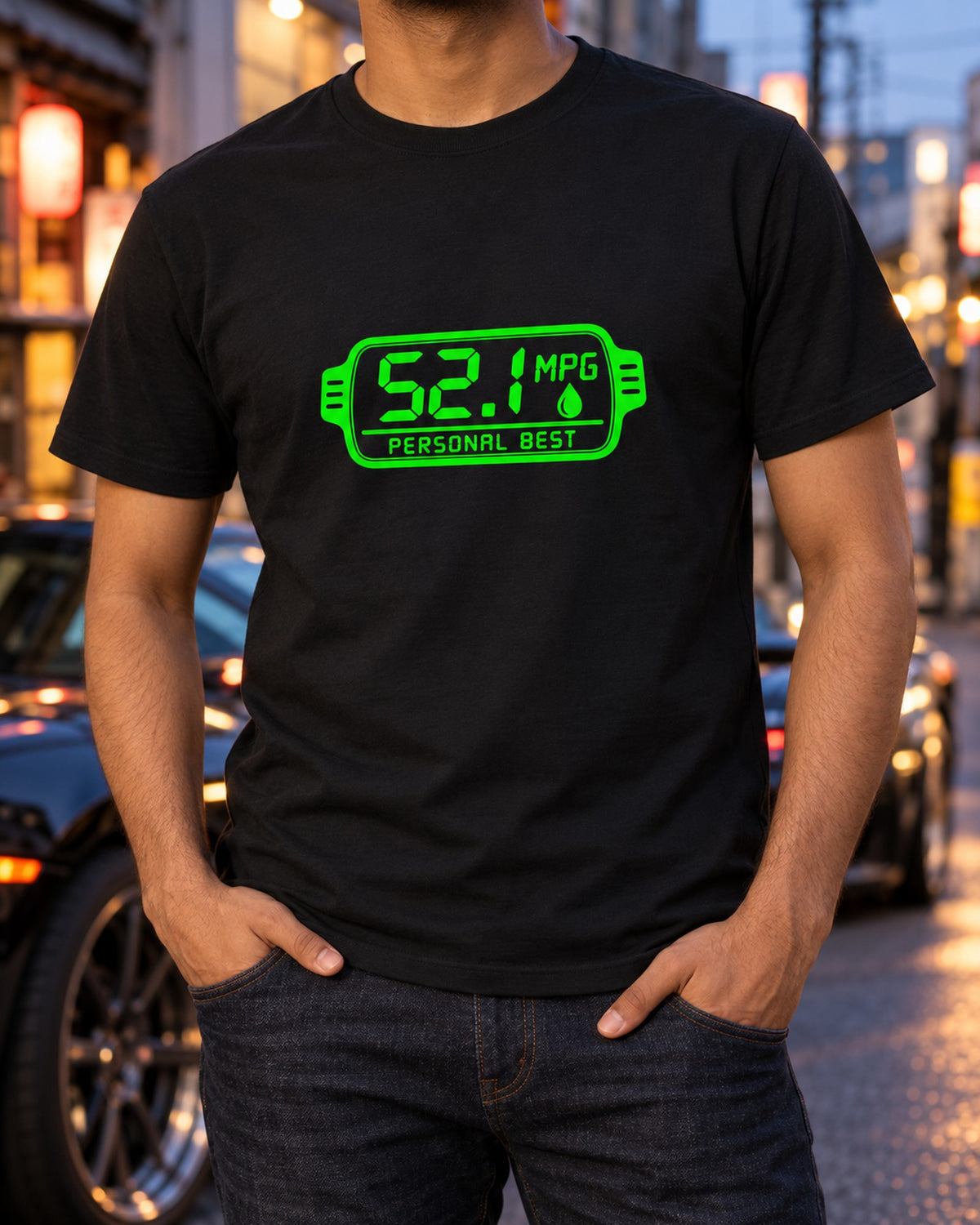 52.1 MPG Personal Best Funny Car Guy Shirt T-Shirt Black worn hero