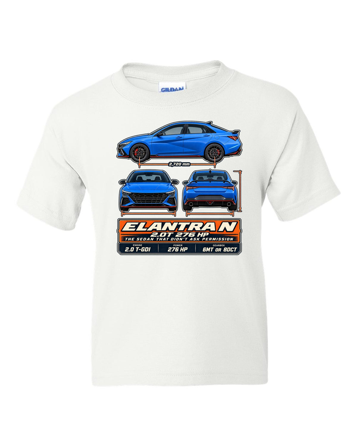 Hyundai Elantra N CN7 three-view drawing with spec table, print white kids tee front view with the design