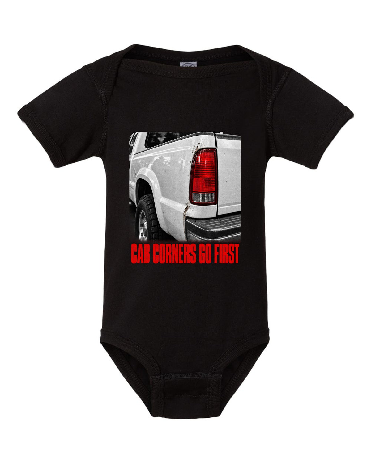 NBS Silverado taillight detail with cab corner rust, print black baby onesie front view with the design