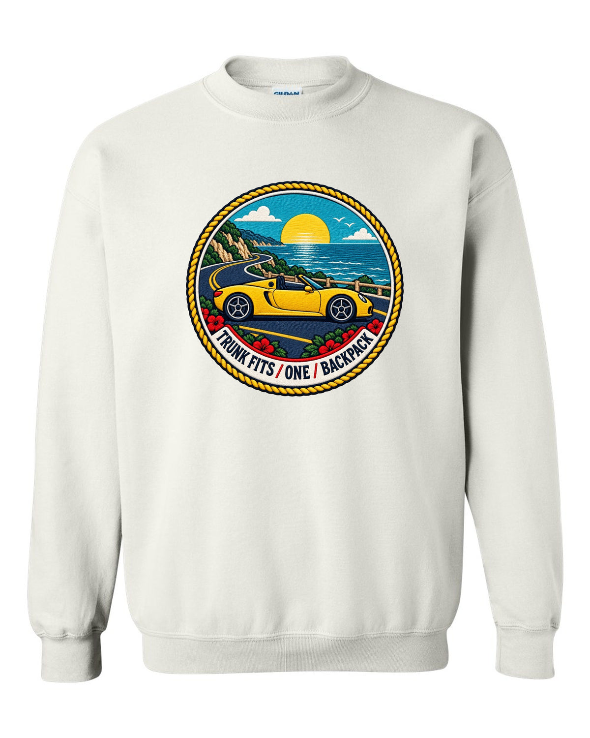 Varsity crest design for the Toyota MR2 W30 MR-S open roadster white crewneck front view with the design