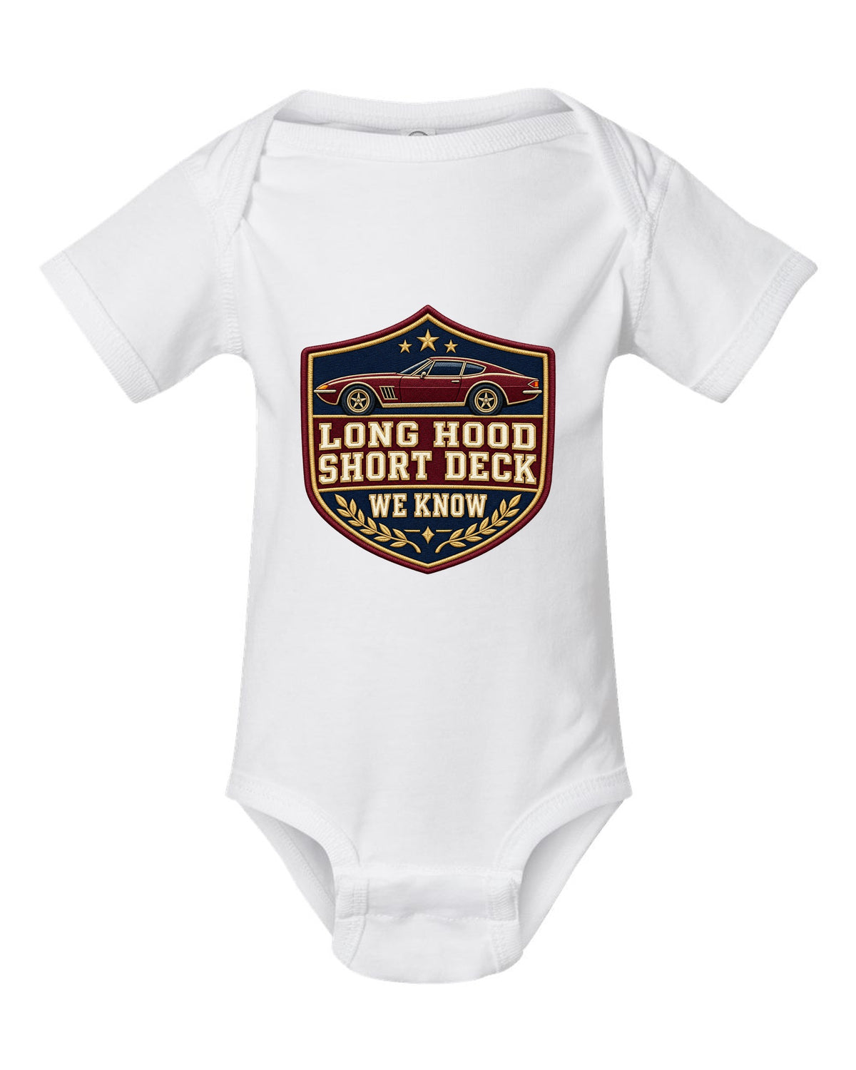 Embroidery varsity crest print for a Hyundai Genesis Coupe BK2 with long hood short deck text white baby onesie front view with the design