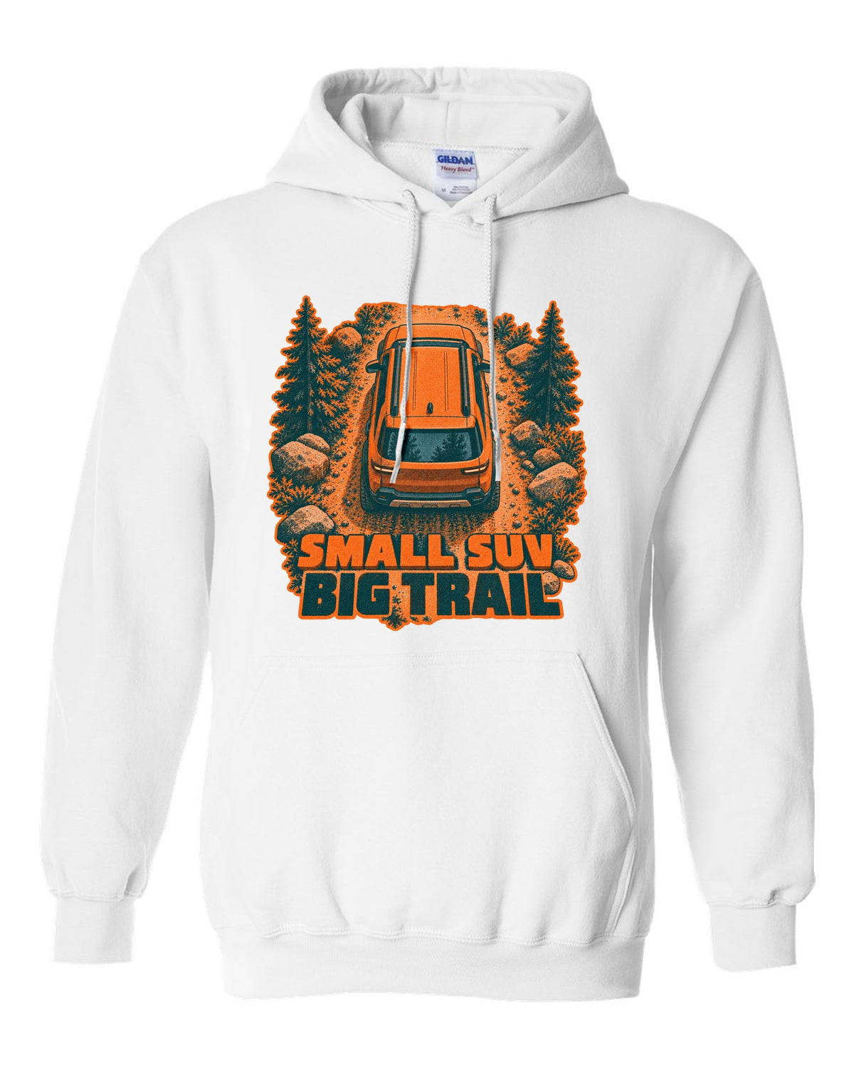 Rivian R2 overhead risograph duotone print with the text small SUV big trail white pull over hoodie front view with the design
