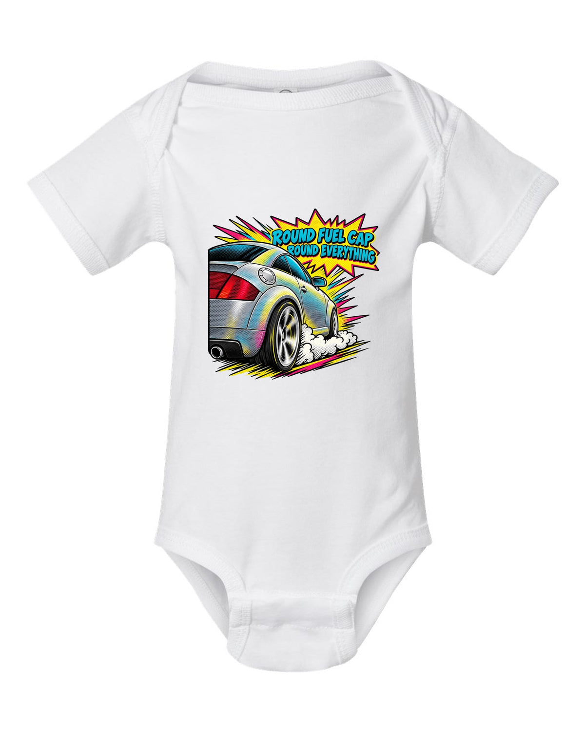 Comic halftone pop-art print of an Audi TT 8N with Round Fuel Cap text white baby onesie front view with the design