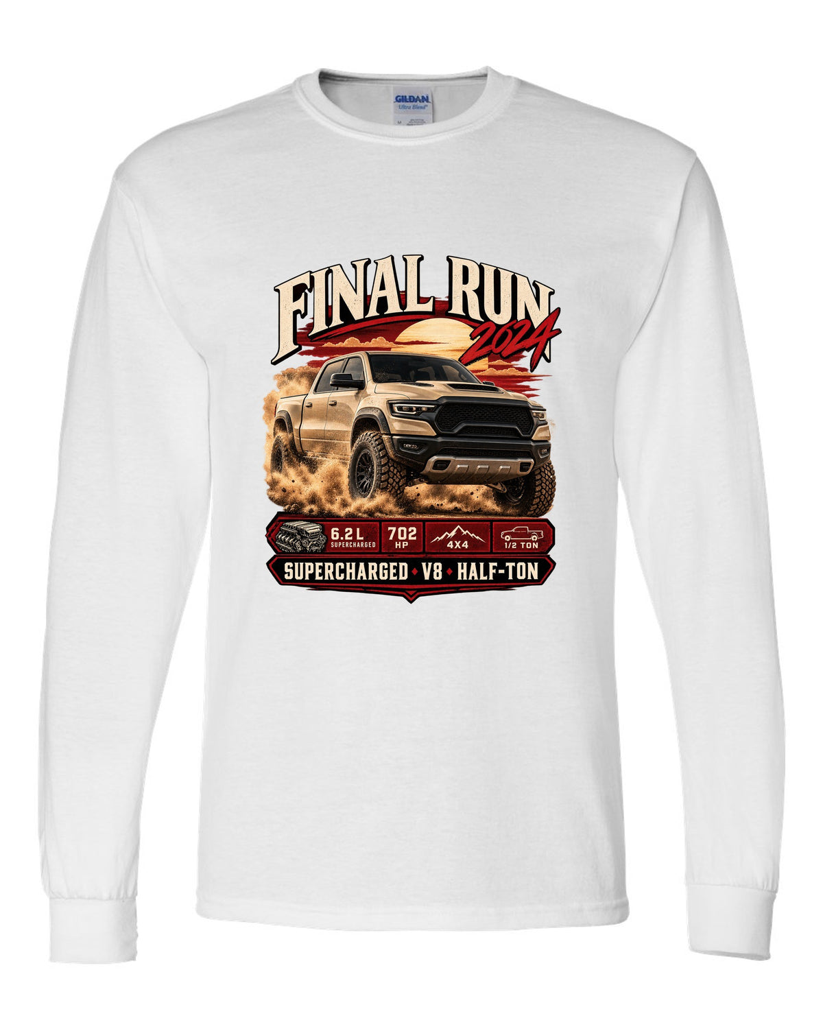 Archive panel print of a 2024 Ram 1500 TRX Final Edition with final run and supercharged V8 text white long sleeve front view with the design